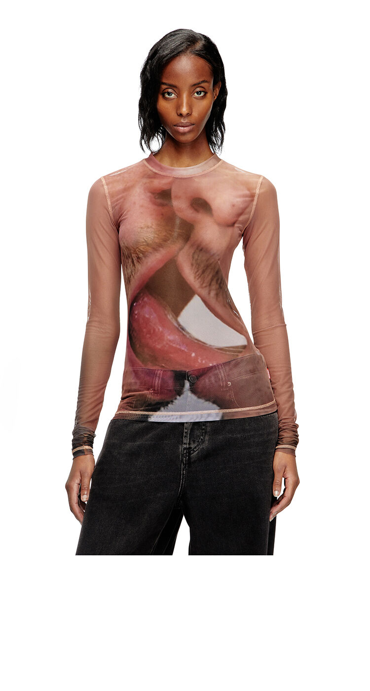 Long-sleeve top in printed technical mesh
