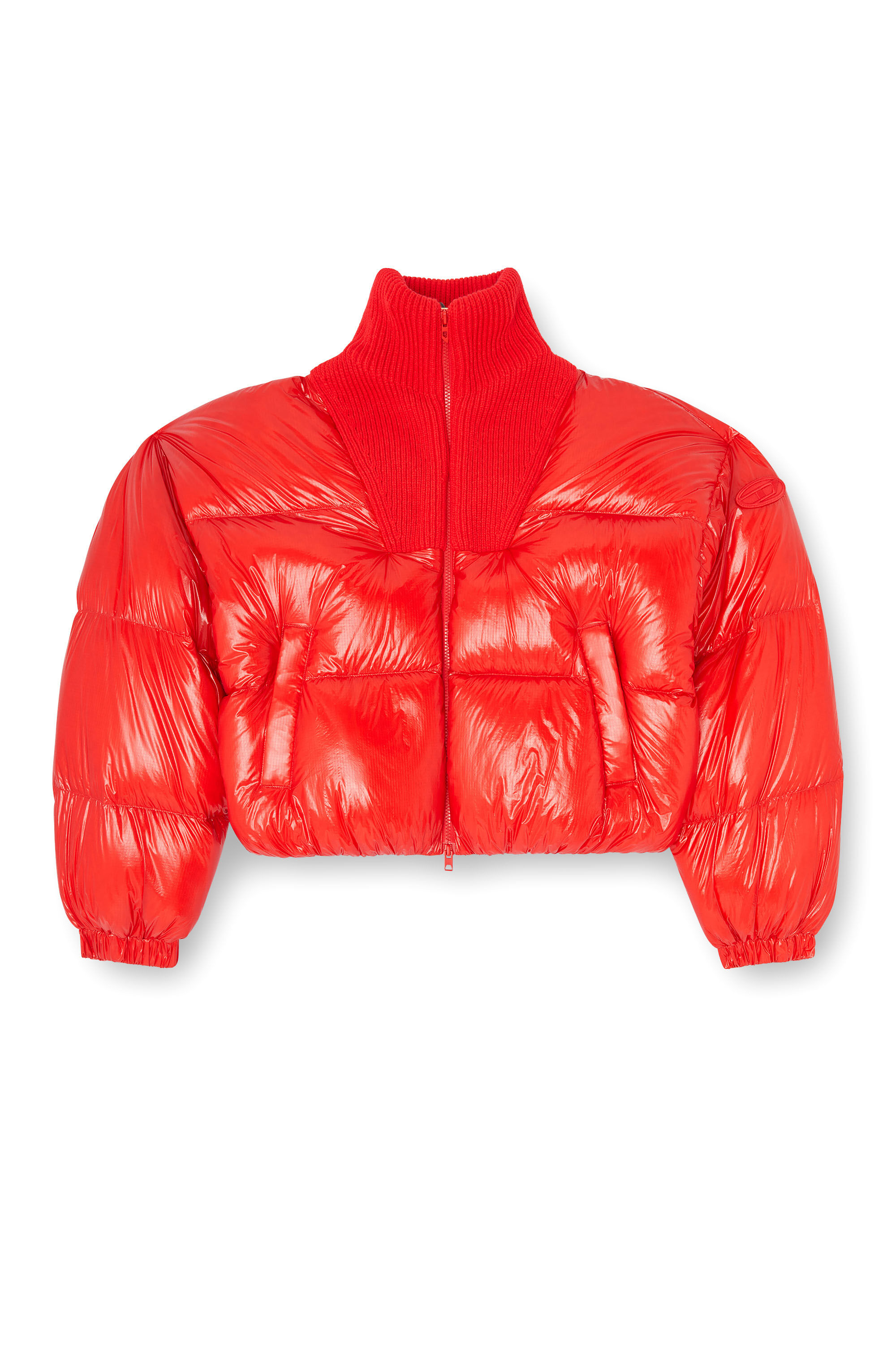 Diesel - W-ARRIOR, Woman's Down puffer jacket in ripstop with knitted collar in Red - 2