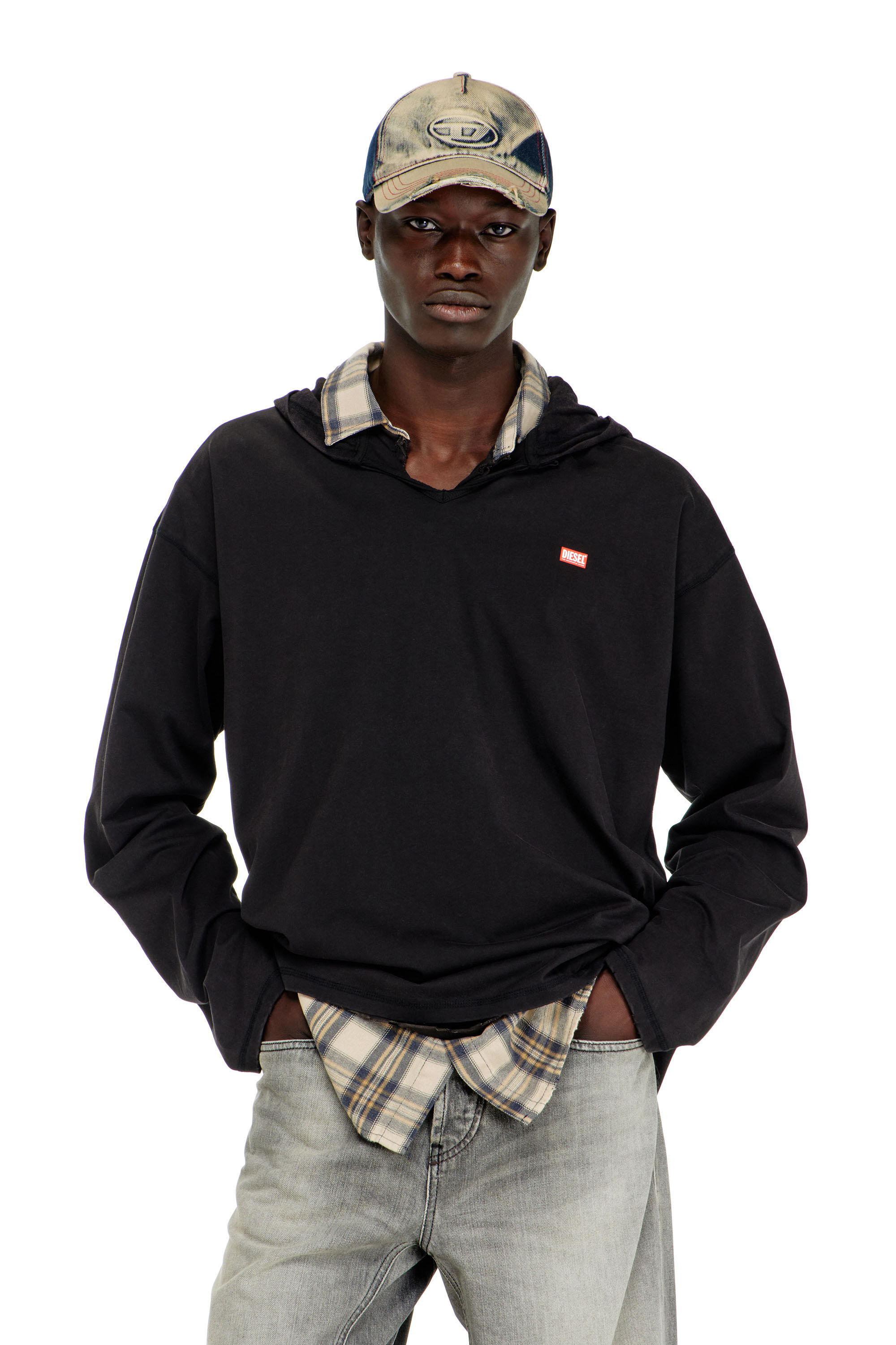 Diesel - T-BOXT-LS-HOOD-CHECK, Man's Long-sleeve T-shirt with flannel hood in null - 3