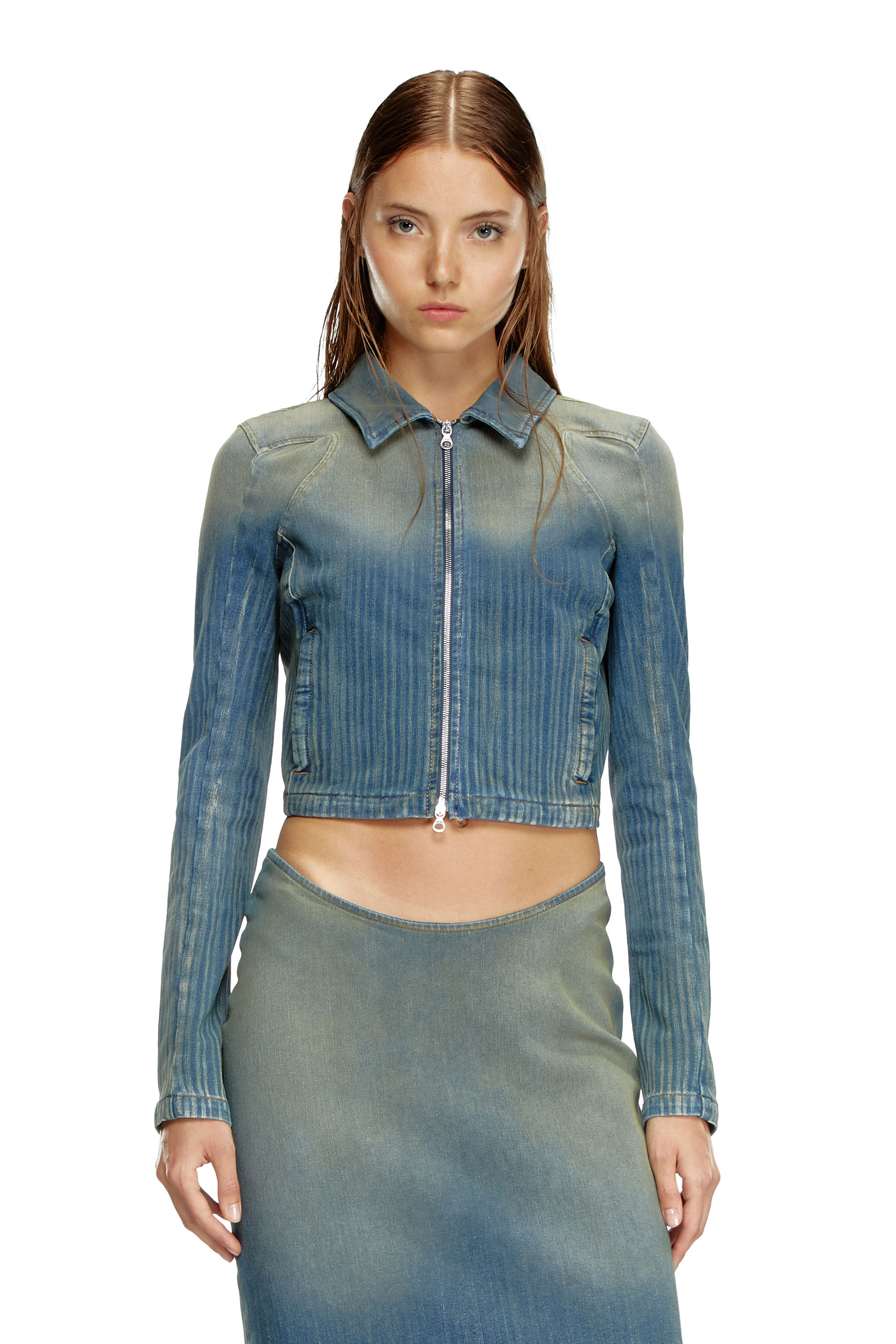 Diesel - DE-SILEN-S, Woman's Cropped jacket in light streaky denim in Medium blue - 3