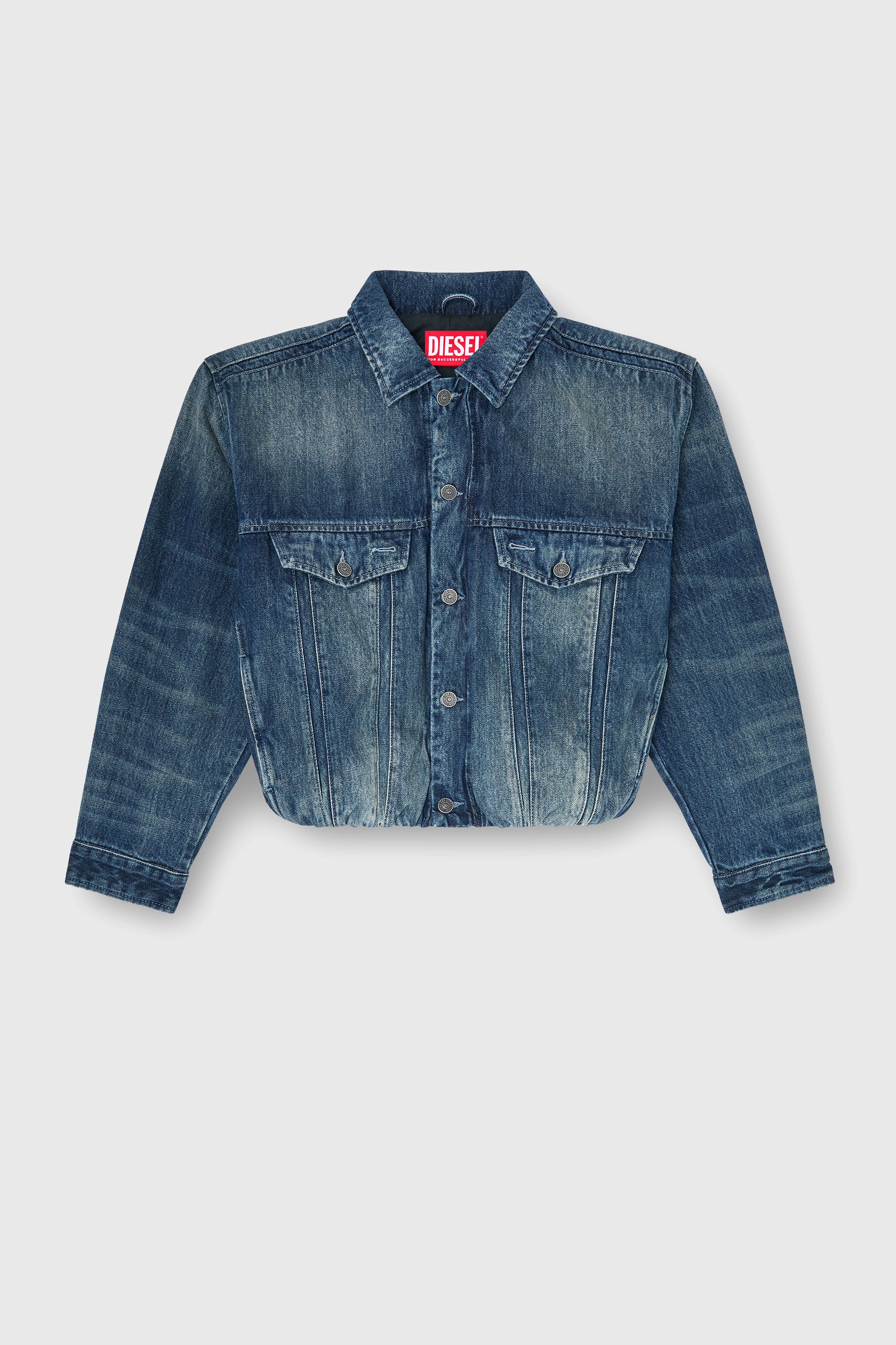 Diesel - DE-MORVI-FSJ, Woman's Elasticated trucker jacket in denim in Dark Blue - 2
