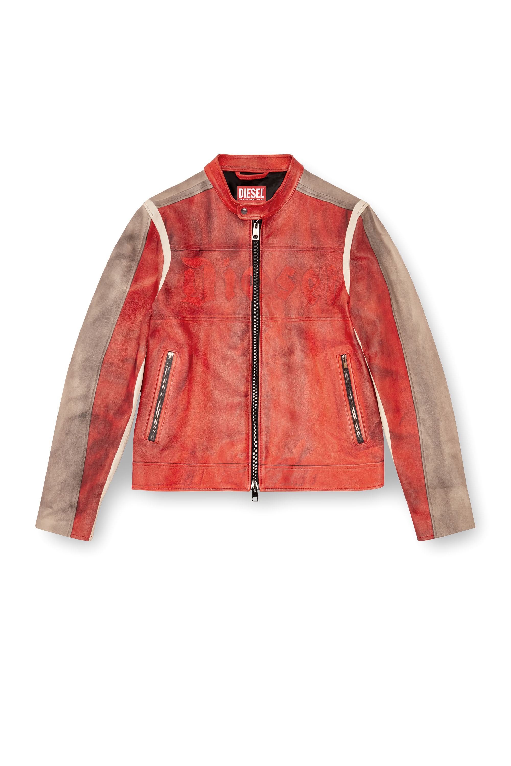 Diesel - L-RUSCHA, Man's Dirty-effect leather biker jacket in Red - 2