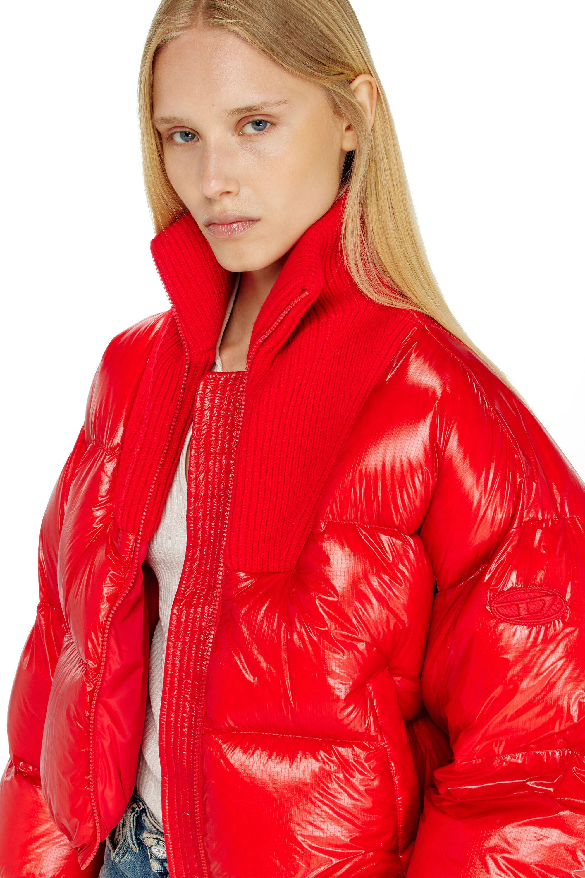 Diesel - W-ARRIOR, Woman's Down puffer jacket in ripstop with knitted collar in Red - 5