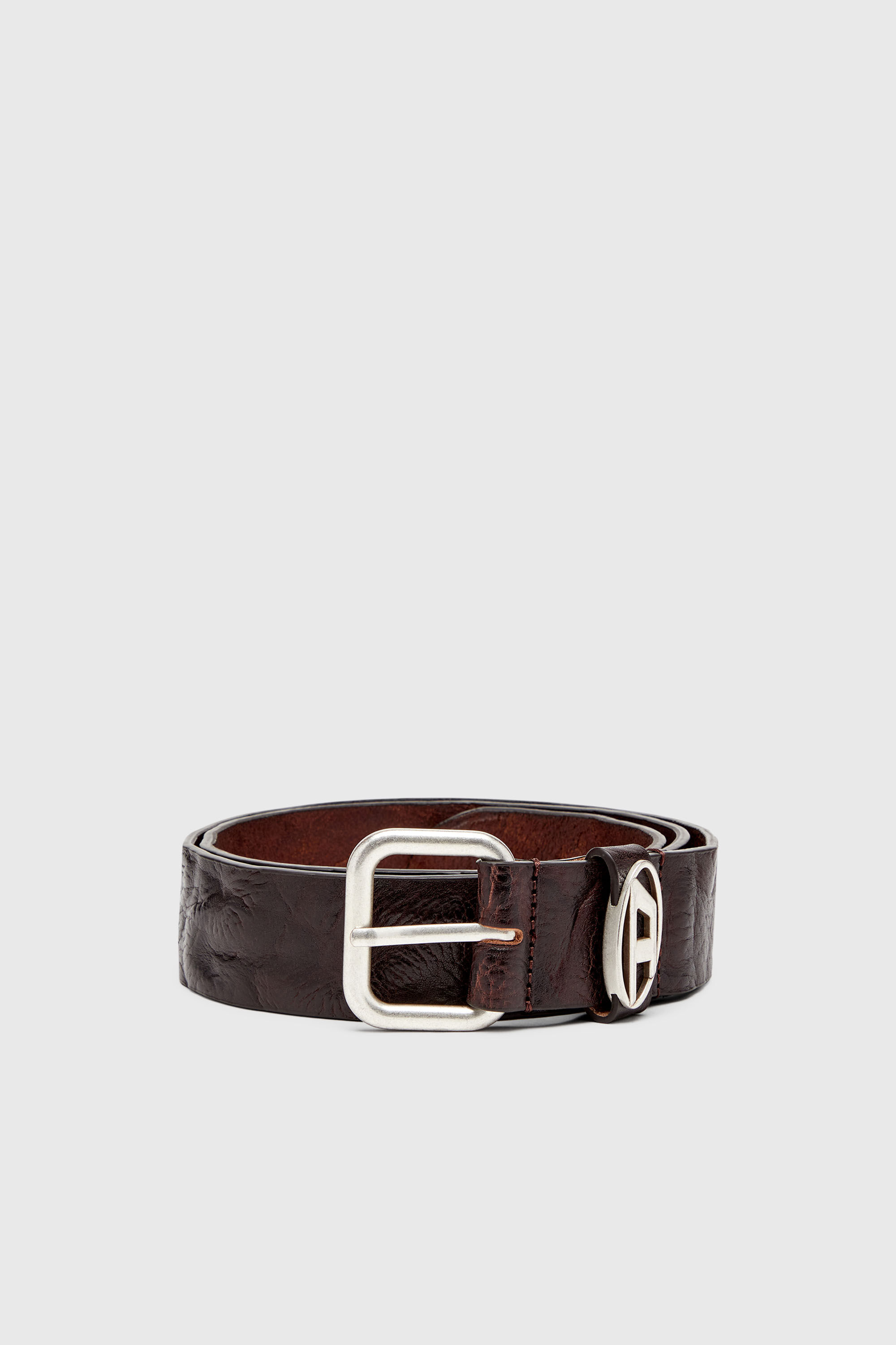 Diesel - B-1DR OVAL D LOOP, Unisex's 3.9cm logo-plaque wrinkled leather belt in Dark Brown - 1