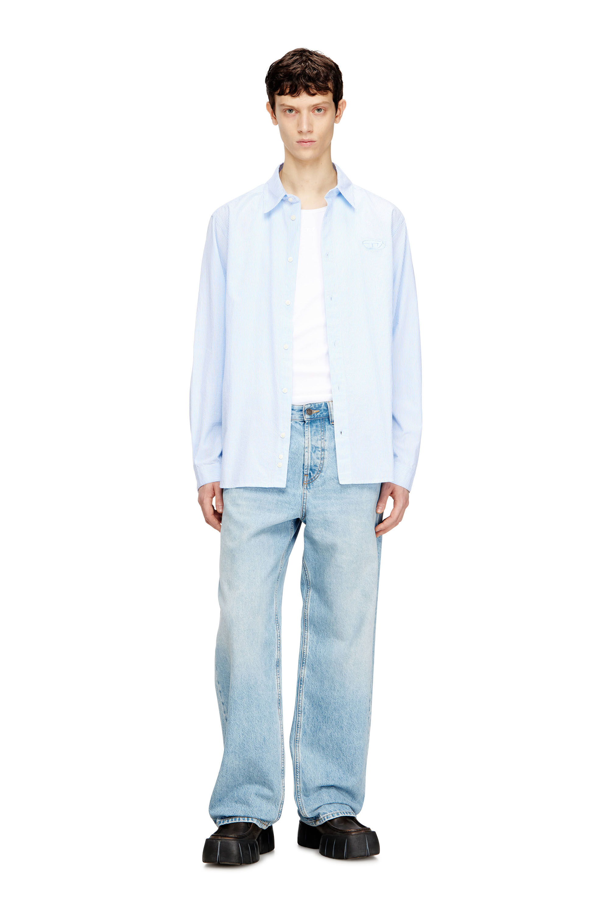 Diesel - S-SIMPLY-BKBZ, Man's Striped shirt in wrinkled cotton in Blue/White - 1