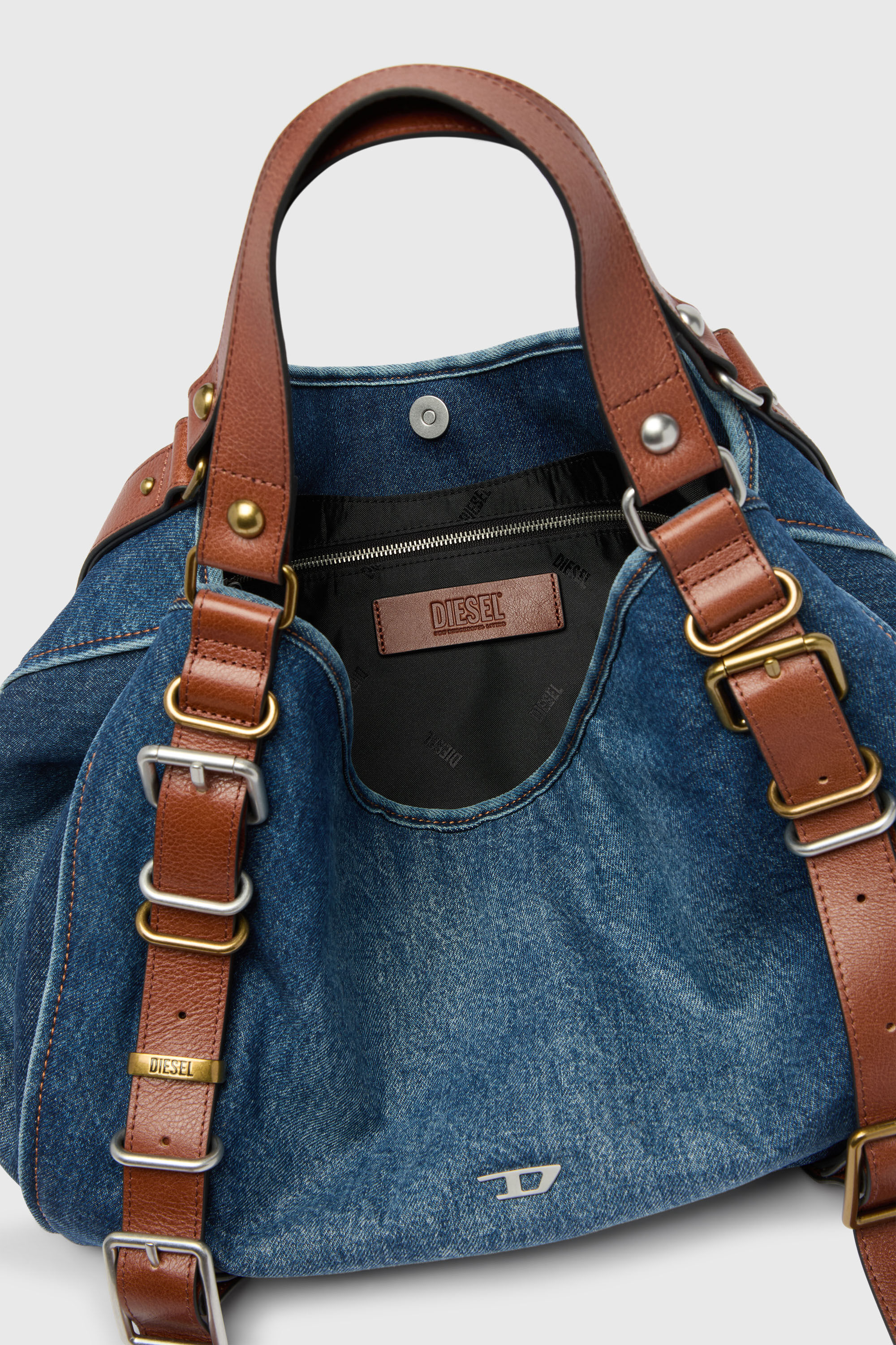 Diesel - D-ONE TOPHANDLE M, Woman's D-One-Medium top-handle bag in denim and leather in Blue - 3
