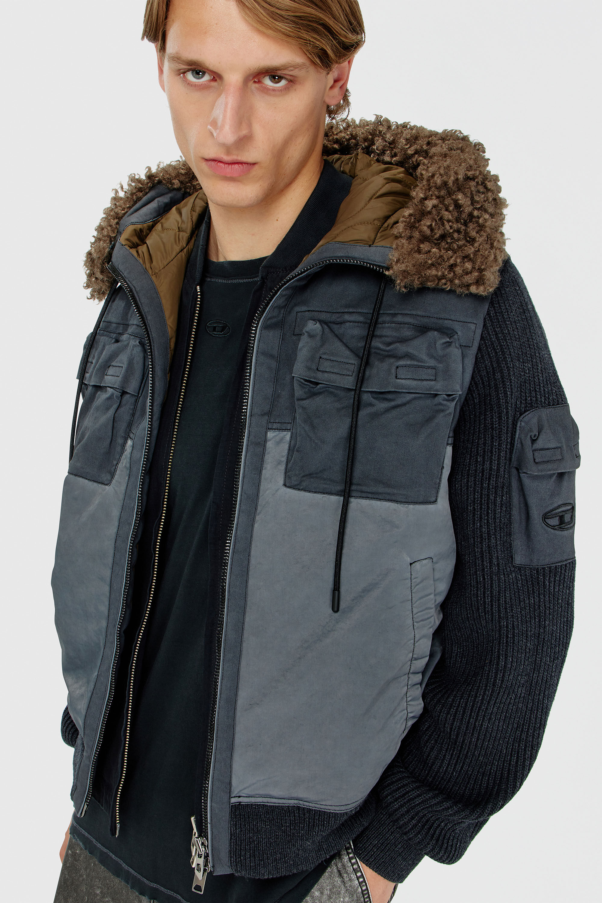Diesel - W-DELLS, Man's Hooded padded jacket with knitted sleeves in Dark Blue - 5