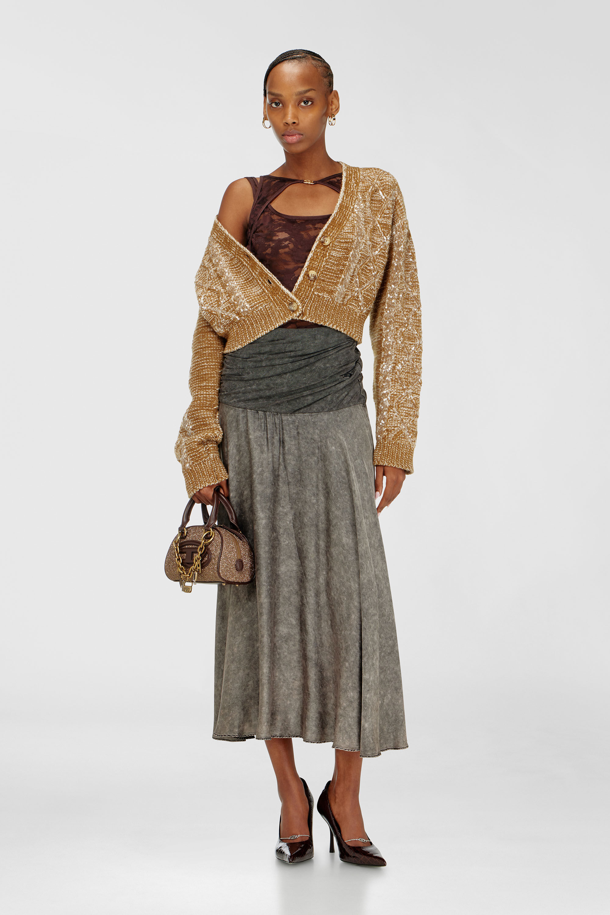 Diesel - O-SYA, Woman's Midi skirt with twisted waist section in Grey - 1