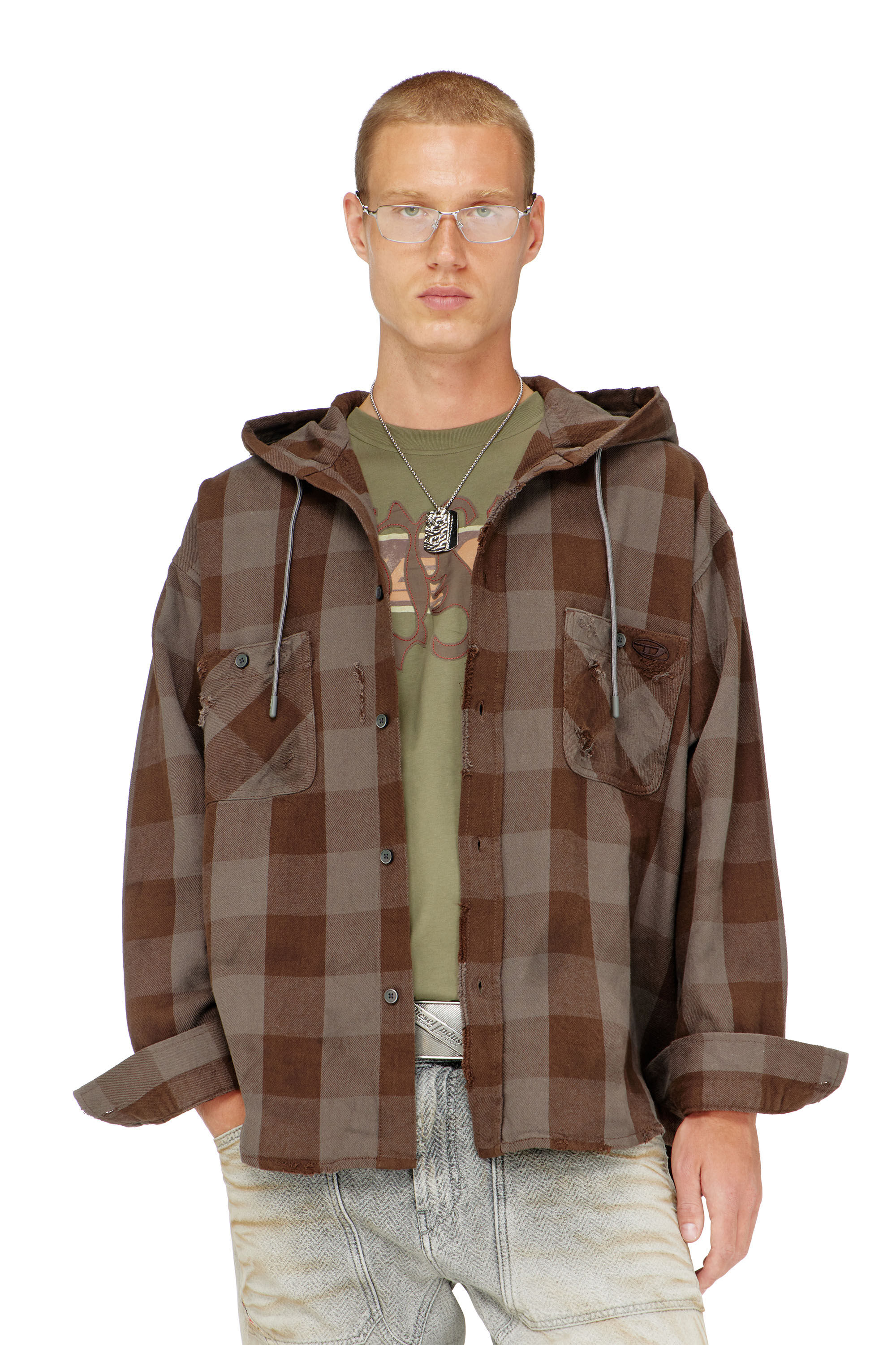 Diesel - S-DRUM-HOODY, Man's Distressed hooded shirt in check flannel in null - 3