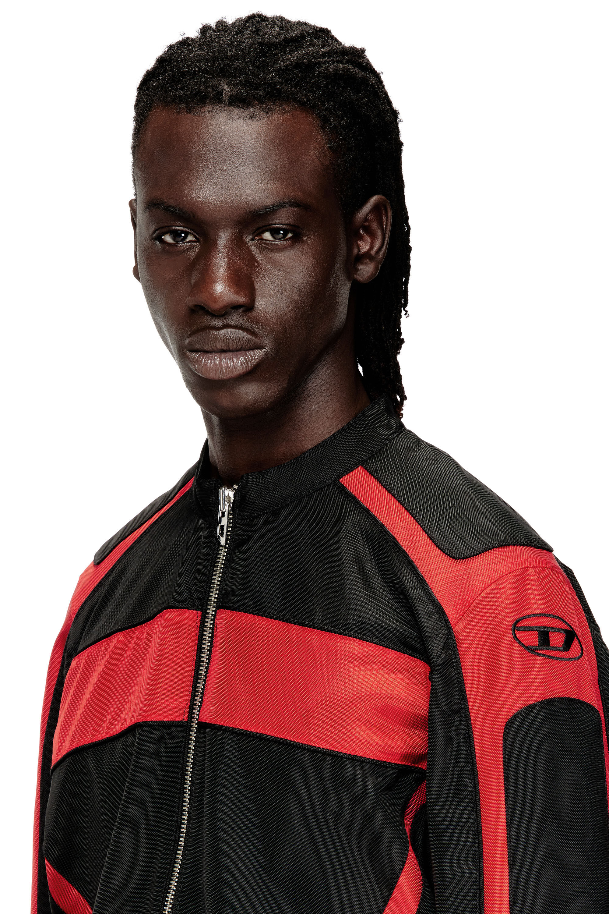 Diesel - J-ADAM-PDAI, Man's Biker-style jacket in colour-block canvas in Black/Red - 5