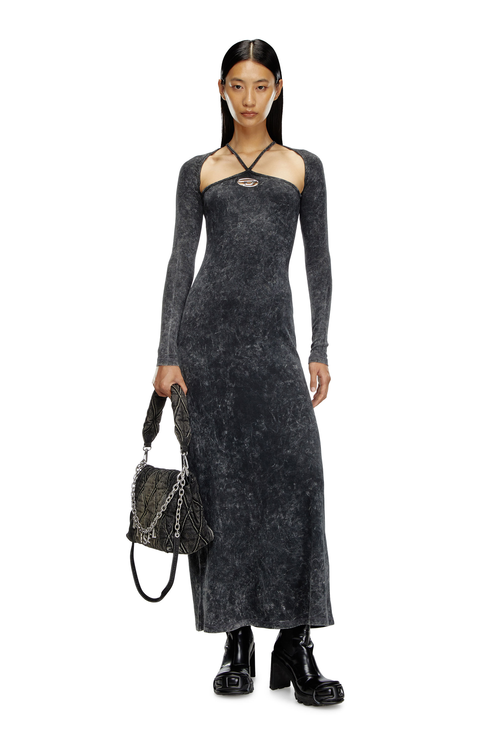 Diesel - D-MARINEL, Woman's Long dress with marbled effect in Black - 1