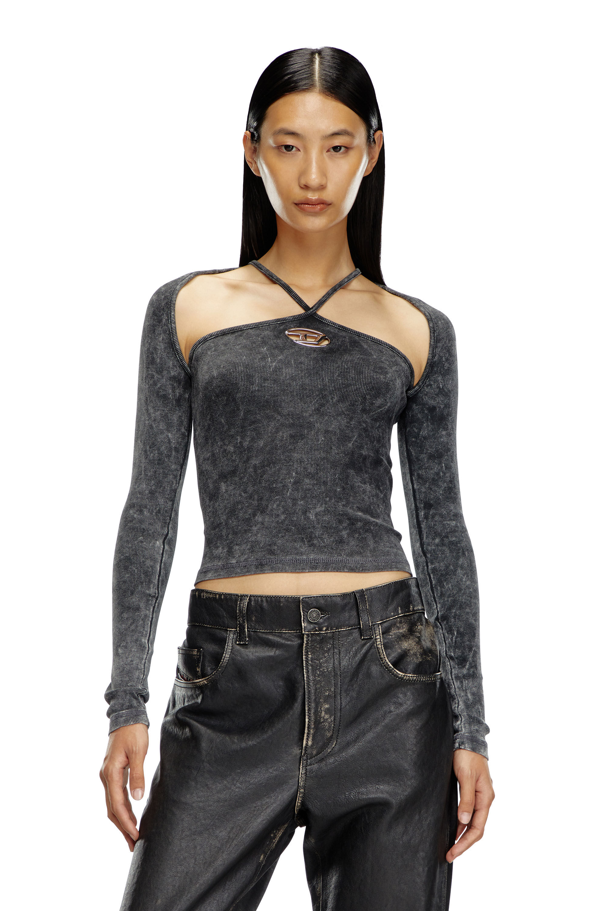 Diesel - T-MARINEL, Woman's Ribbed long-sleeve top with cross-over straps in Black - 3