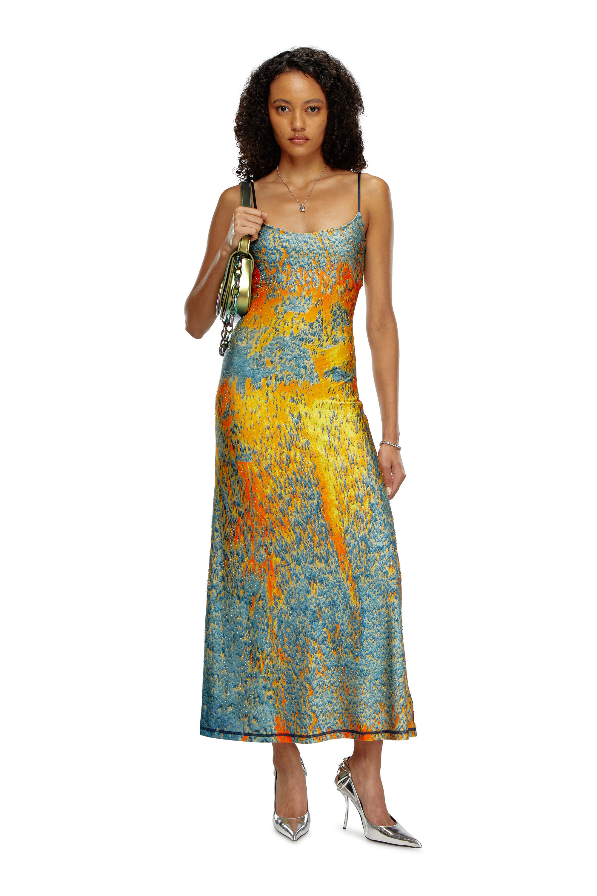 Diesel - D-AMOUR, Woman's Long printed dress with clear crystals in Blue/Orange - 1