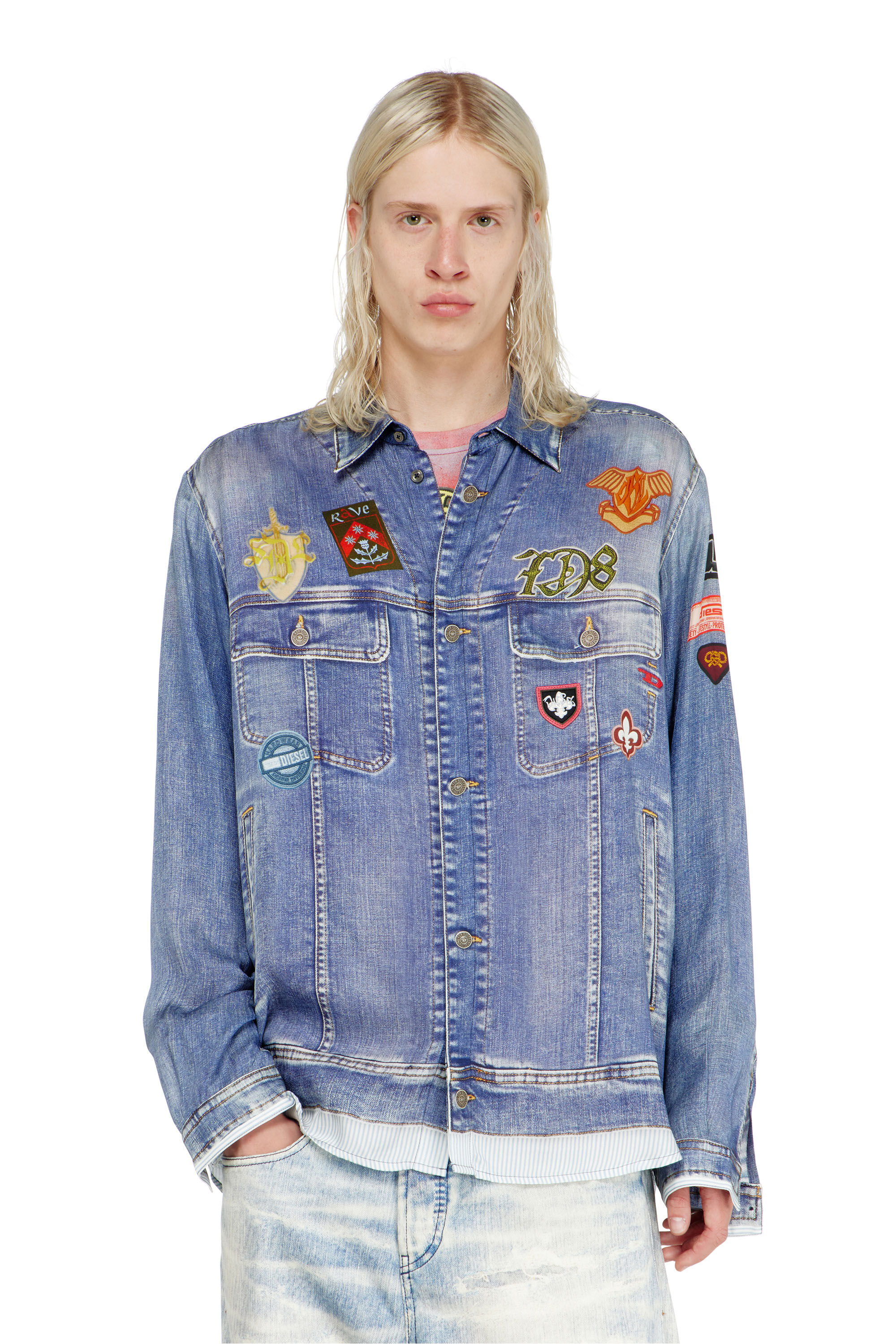 Diesel - S-SIMPLY-PATCH, Man's Satin shirt with trompe-l'oeil denim print in null - 3