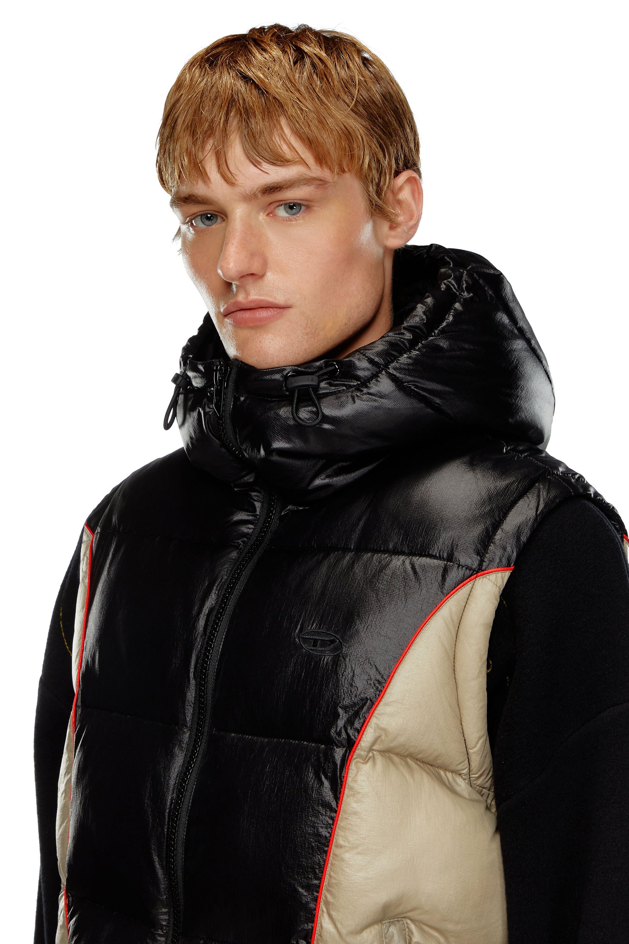 Diesel - W-OSTEND-SL, Man's Hooded puffer vest in shiny ripstop in Black/Beige - 5