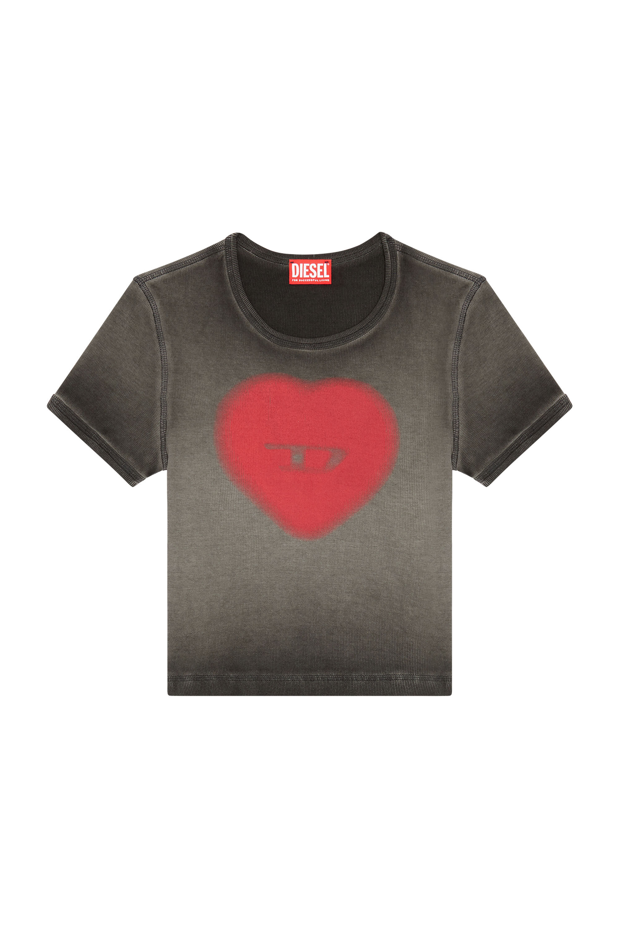 Diesel - T-ELE, Woman's Ribbed T-shirt with watercolour heart D in Black - 2