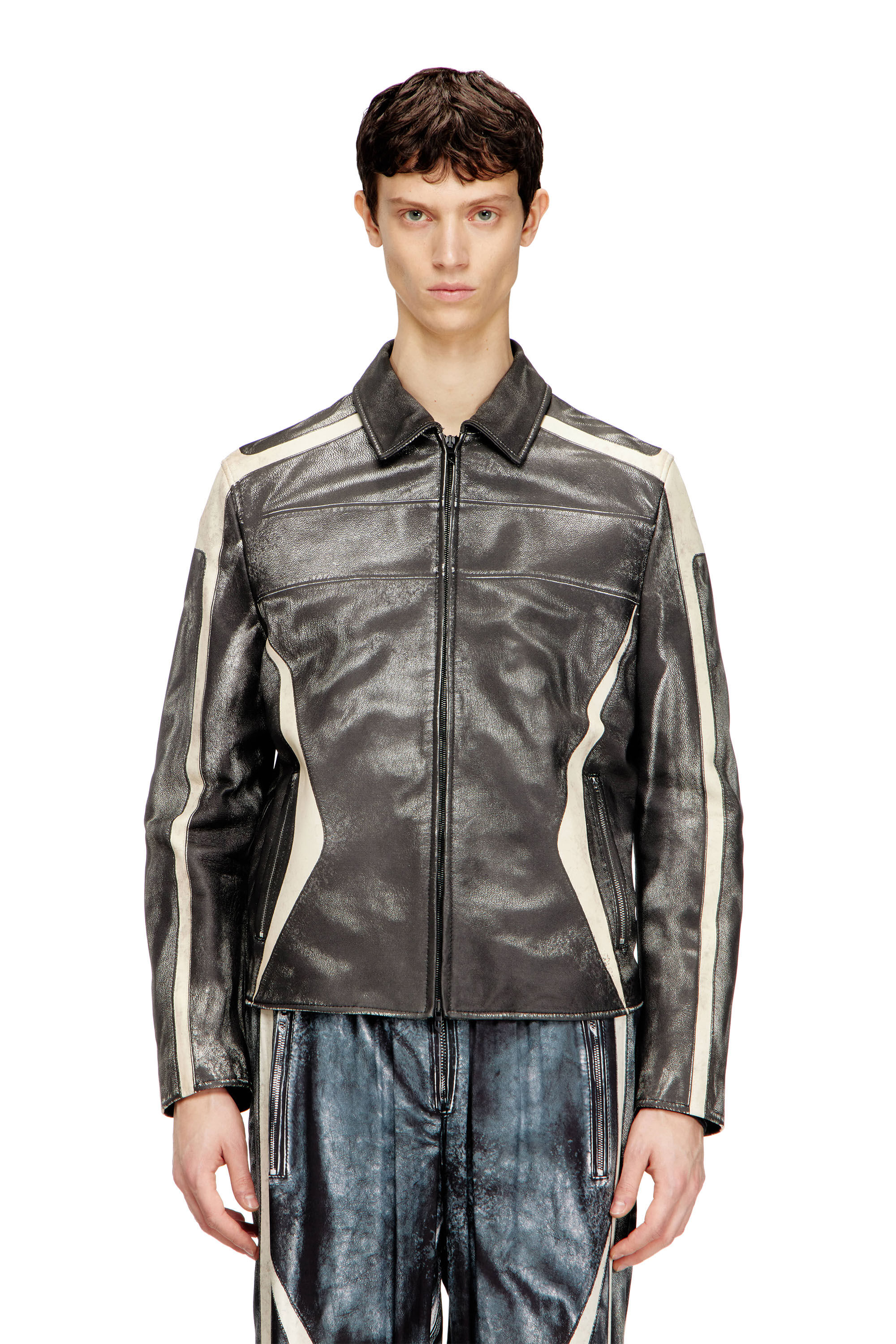 Diesel - L-AMAR-ENBI, Man's Leather coach jacket with biker print in Black/White - 3