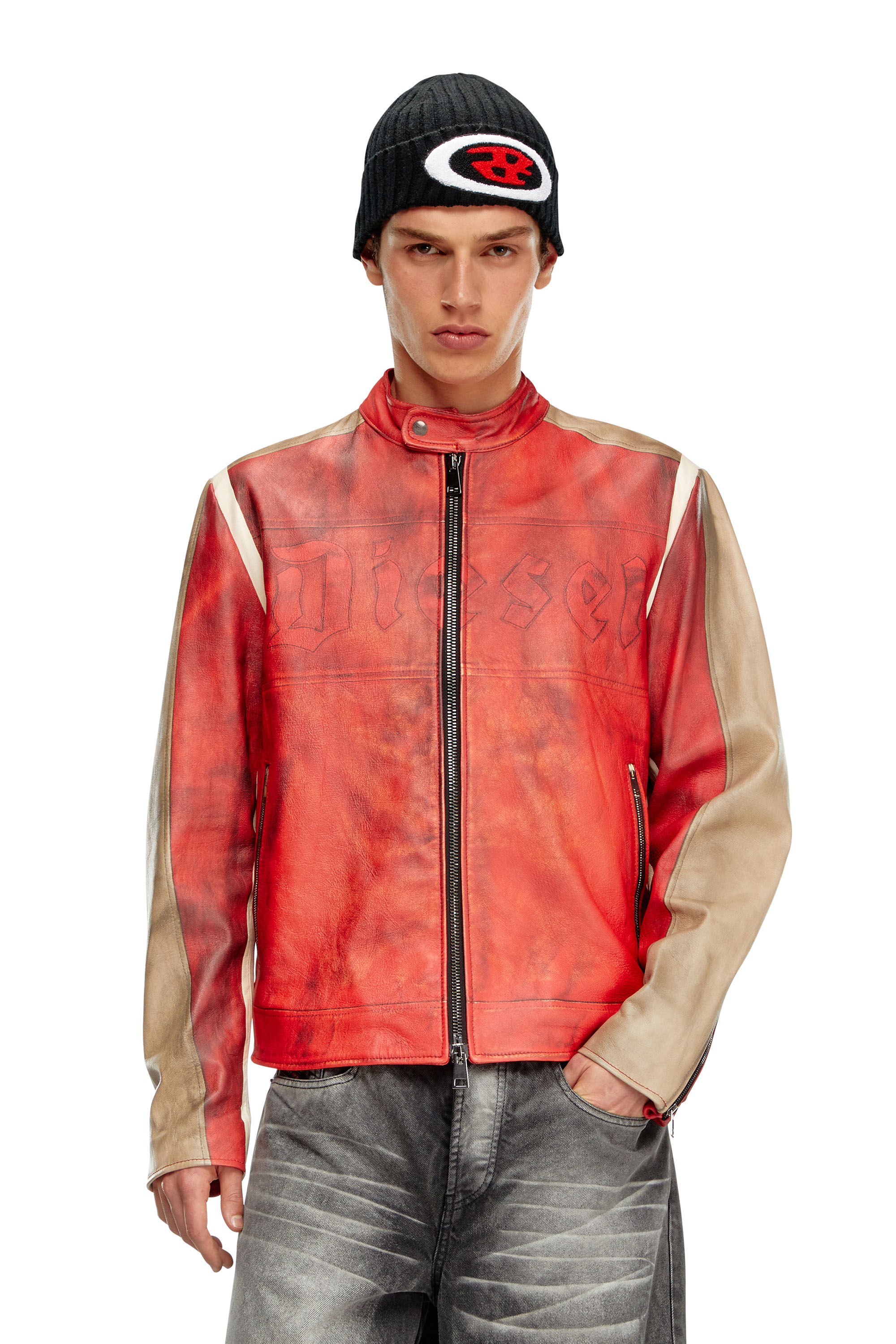 Diesel - L-RUSCHA, Man's Dirty-effect leather biker jacket in Red - 3