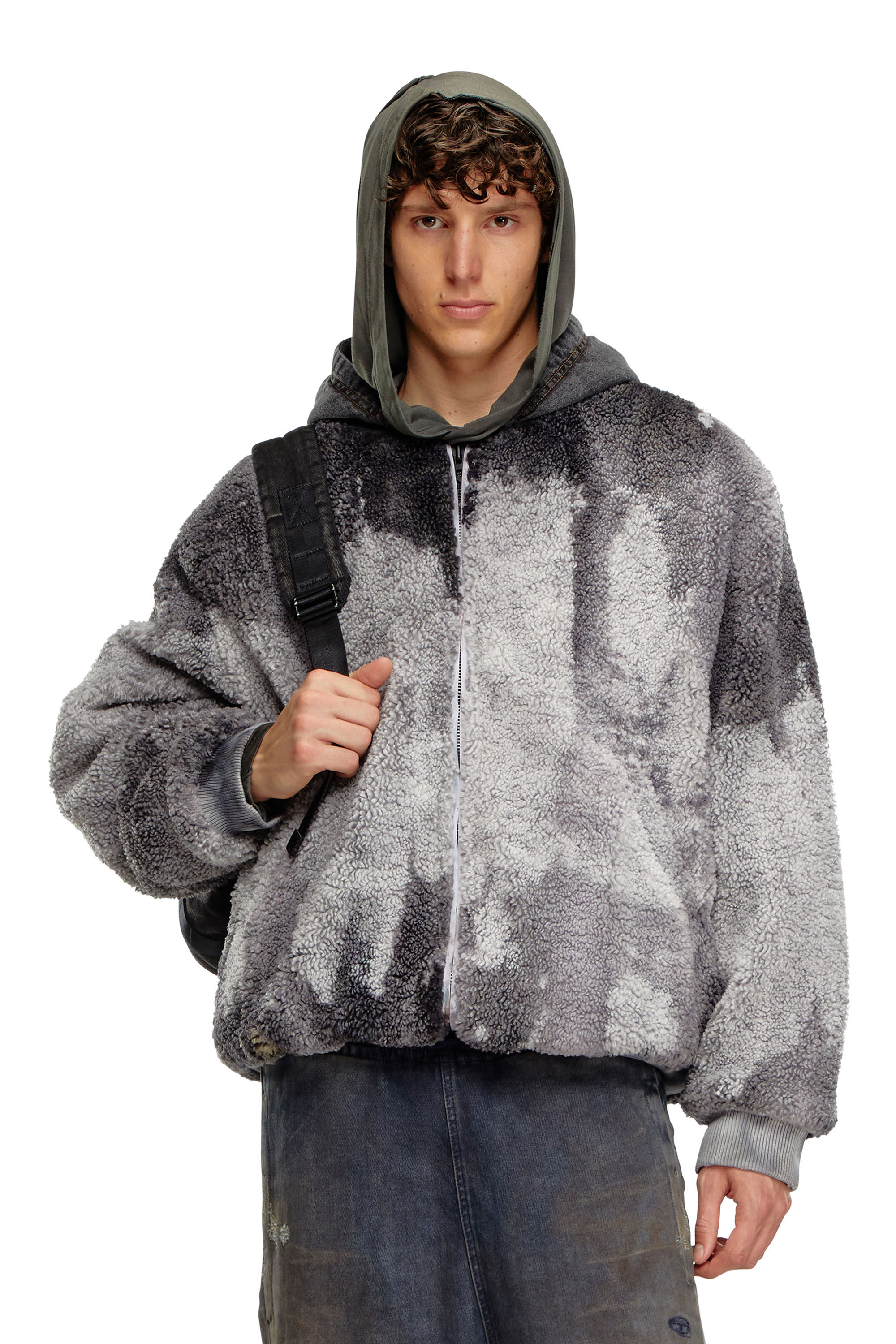 Diesel - S-DEPLA, Man's Tie-dyed teddy jacket with denim hood in Grey - 3