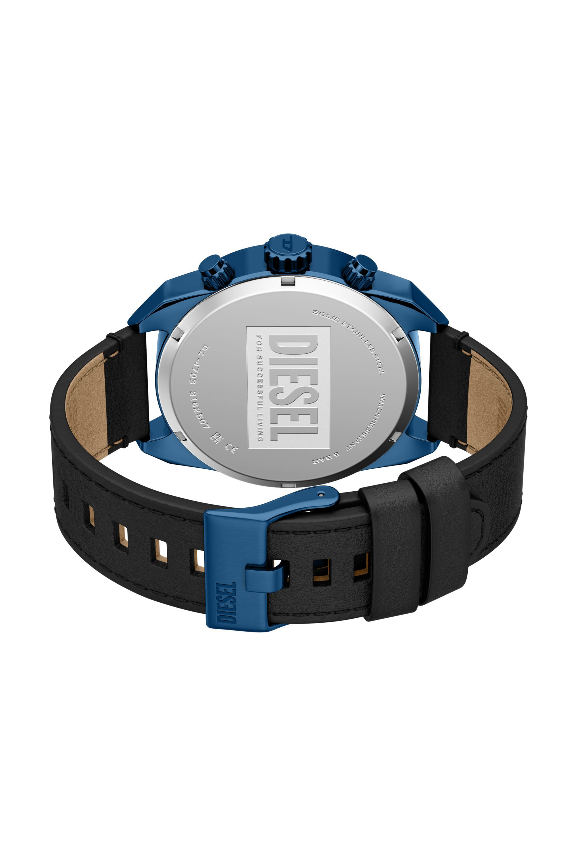 Diesel - DZ4703 WATCH, Man's Spiked Chronograph Black Leather Watch in Black/Blue - 5
