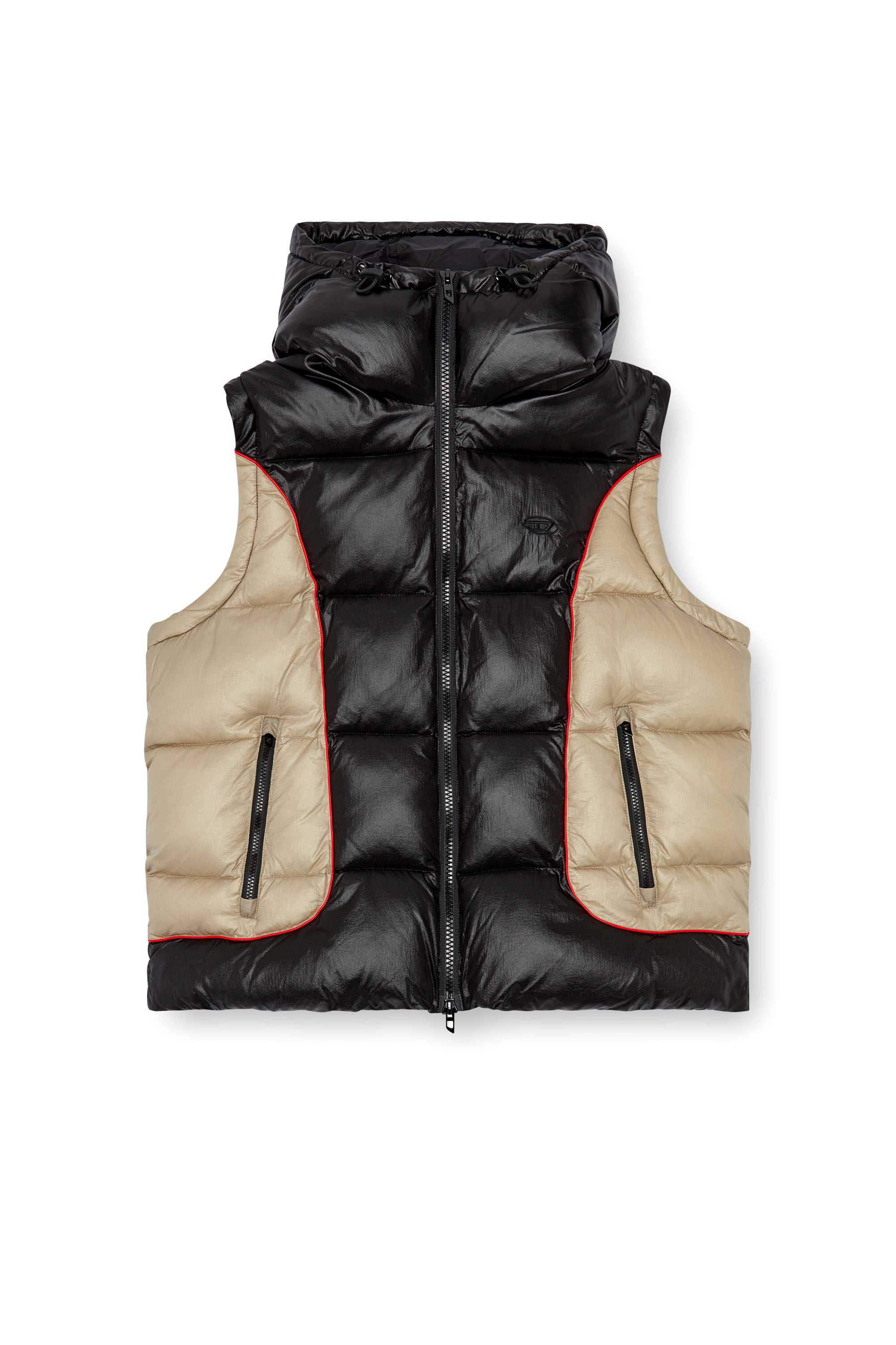 Diesel - W-OSTEND-SL, Man's Hooded puffer vest in shiny ripstop in Black/Beige - 2