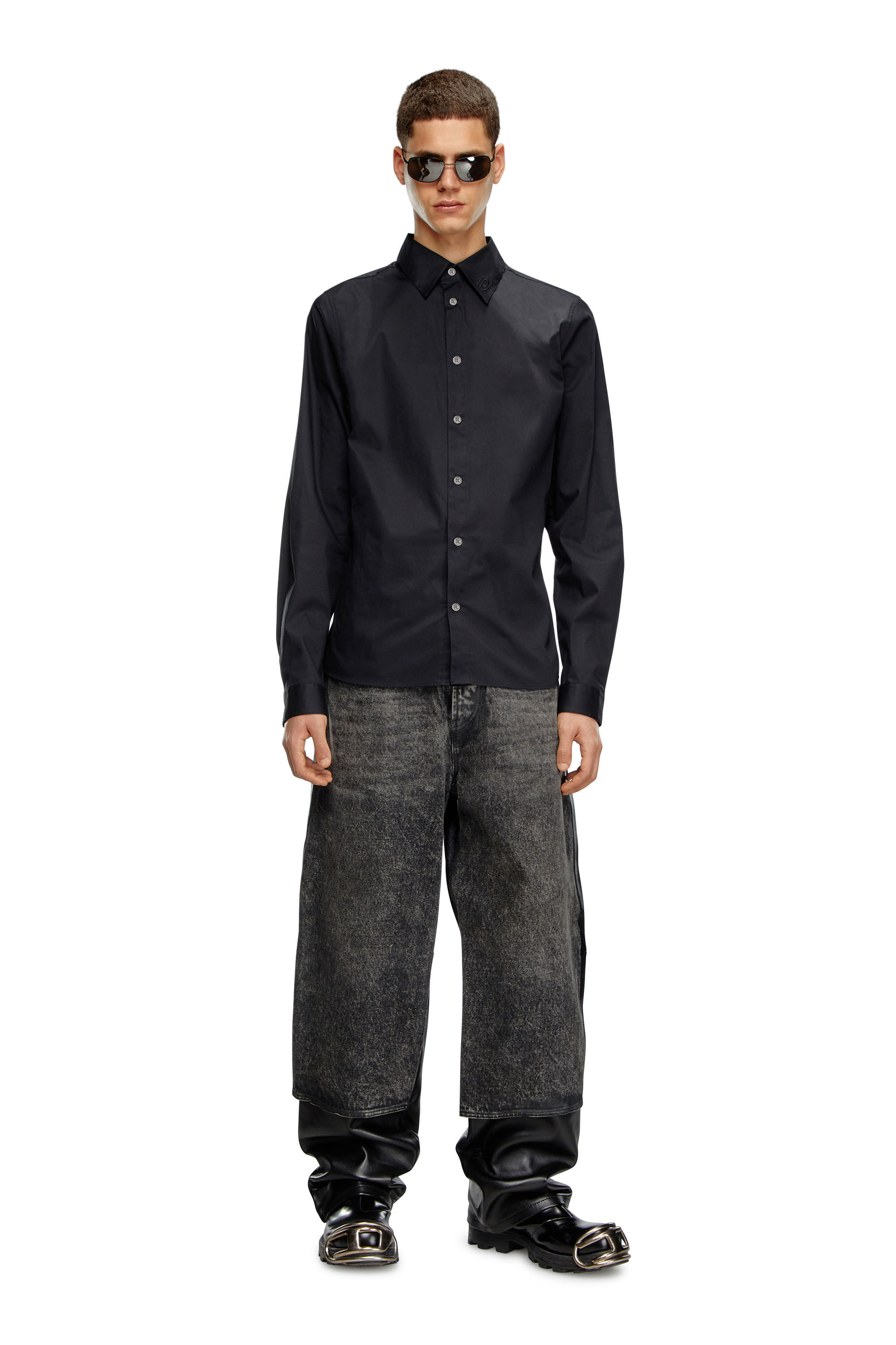 Diesel - S-FITTY-A, Man's Formal shirt with logo-embroidered collar in Black - 1