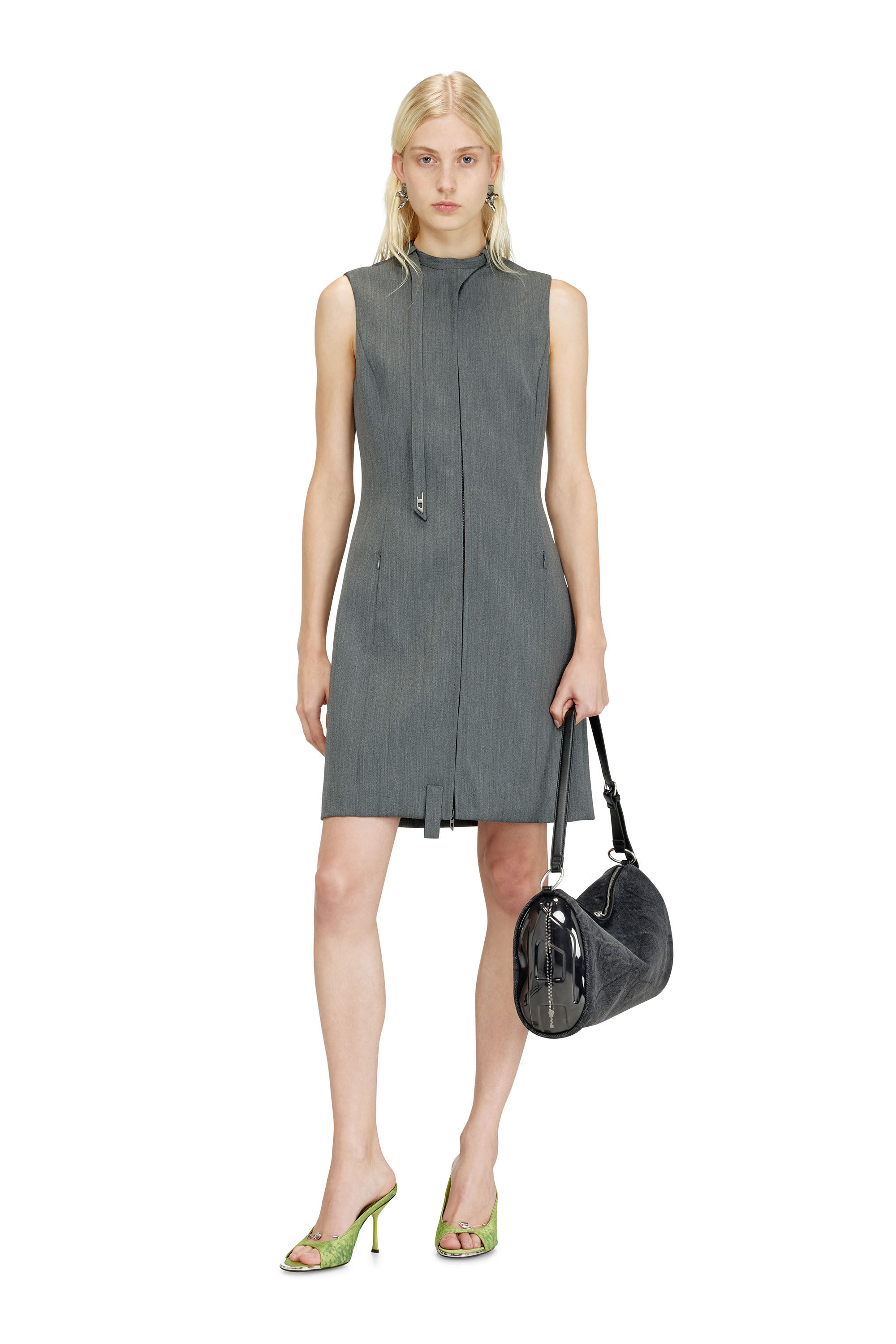 Diesel - D-RUVAN, Woman's Tailored midi dress with biker neck strap in Grey - 1