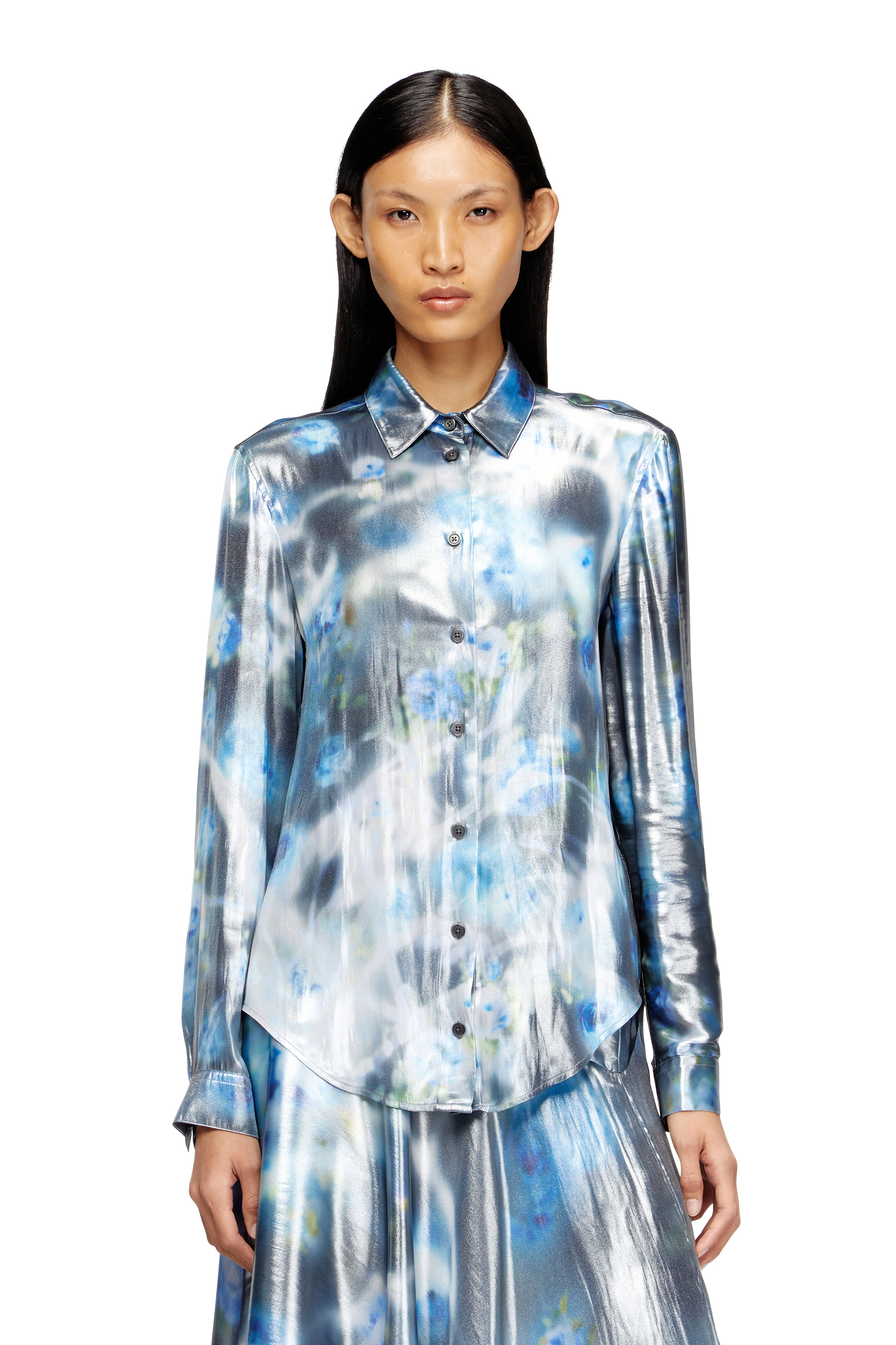 Diesel - C-RONOR-S2, Woman's Metallic shirt with blurred roses print in Blue - 1