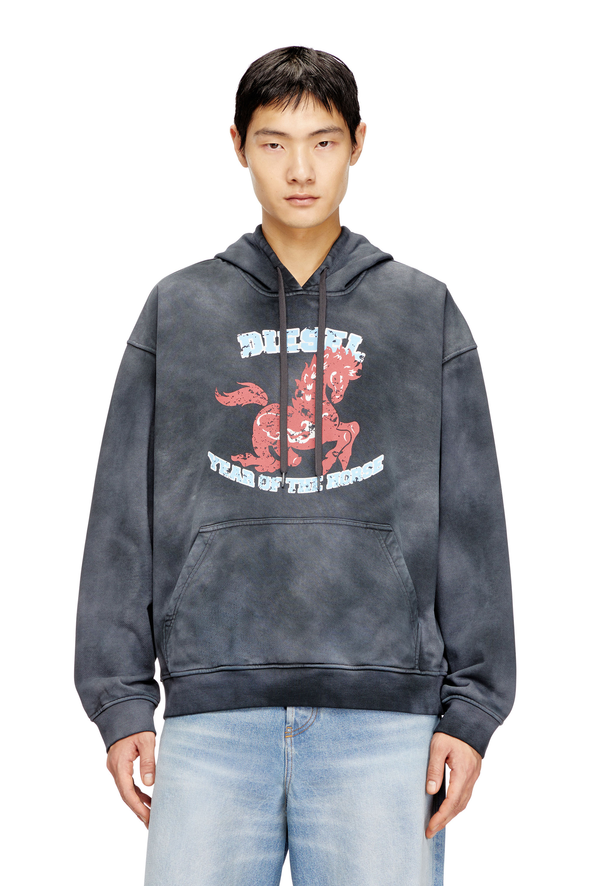 Diesel - CL-S-BOXT-HOOD-HORSE, Man's Hoodie tie-dye with horse graphic print in Grey - 3