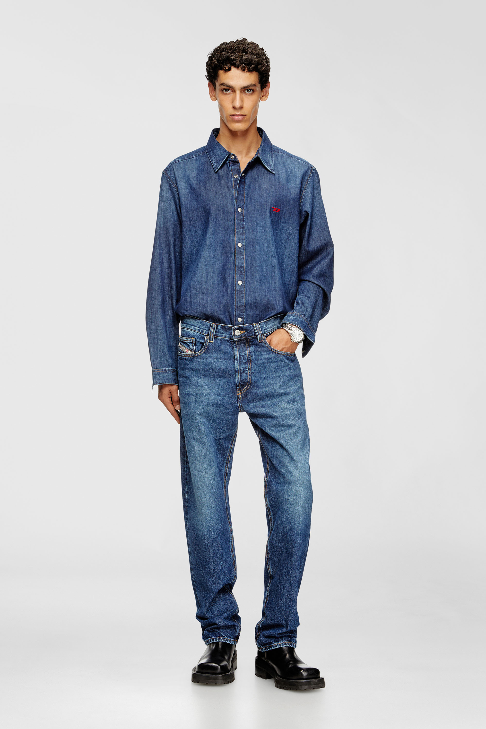 Diesel - D-SIMPLY, Man's Denim shirt with embroidered logo in Medium blue - 1
