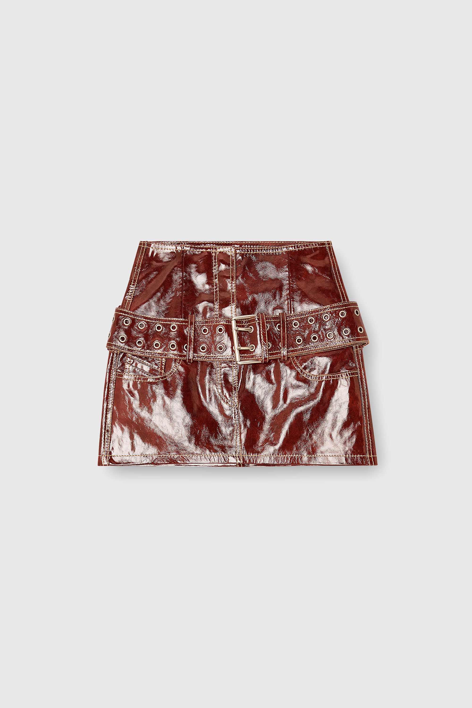 Diesel - L-EVANT, Woman's Patent-leather miniskirt with belt in Brown - 2