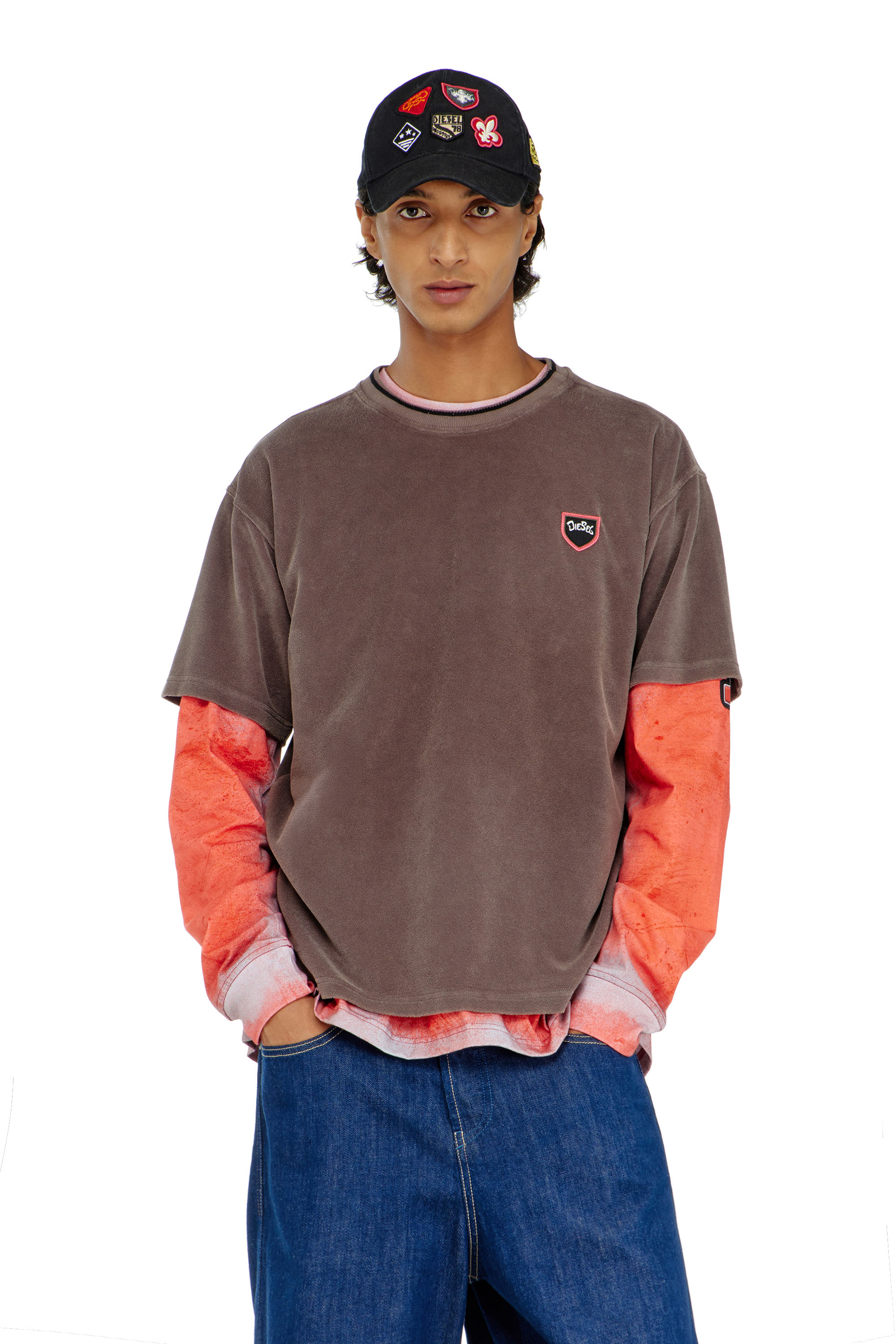 Diesel - T-SPONGY, Man's Chenille T-shirt with shield patch in Brown - 1