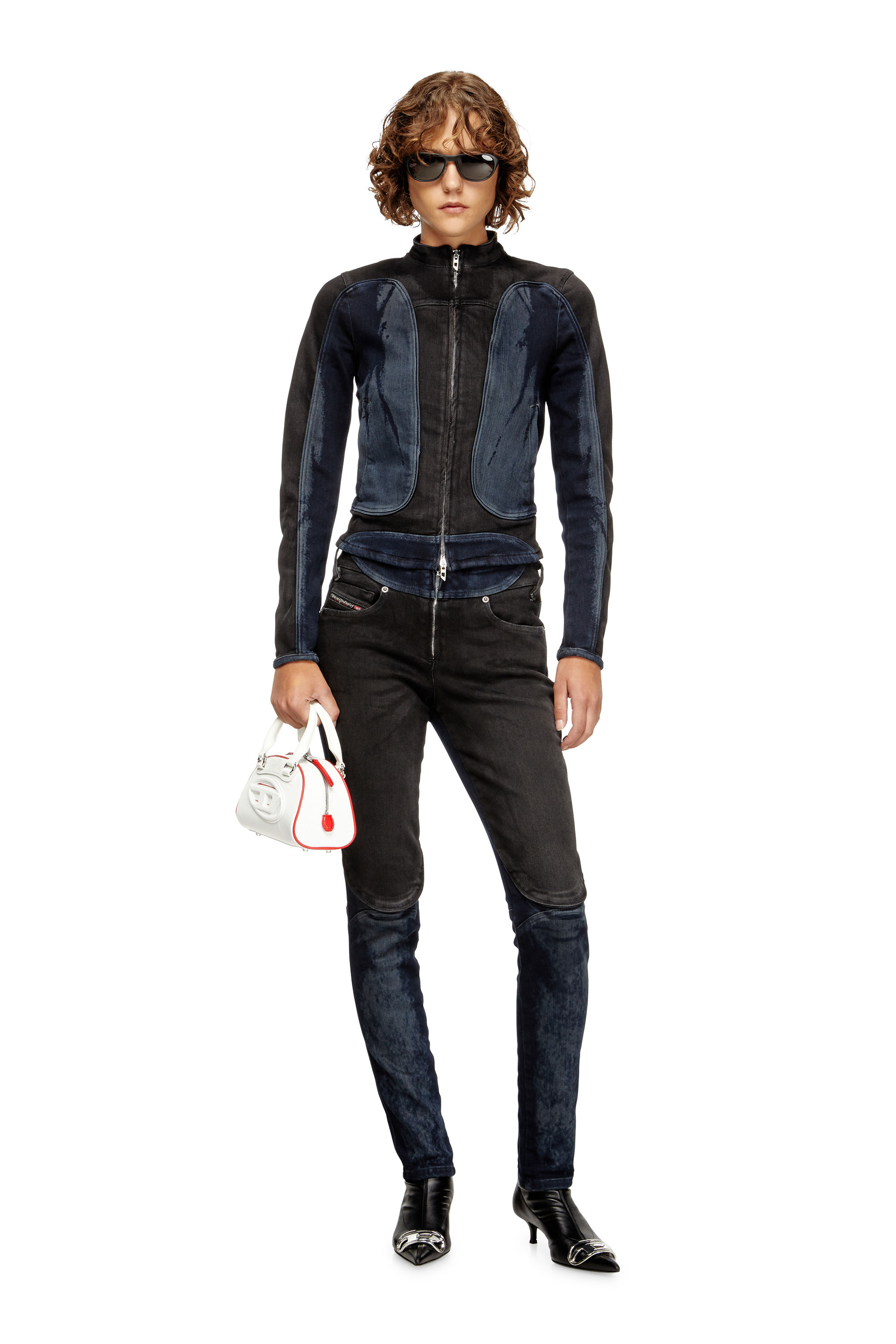 Diesel - DE-MORNY-S, Woman's Biker-style jacket in bicolour denim in Black/Blue - 1
