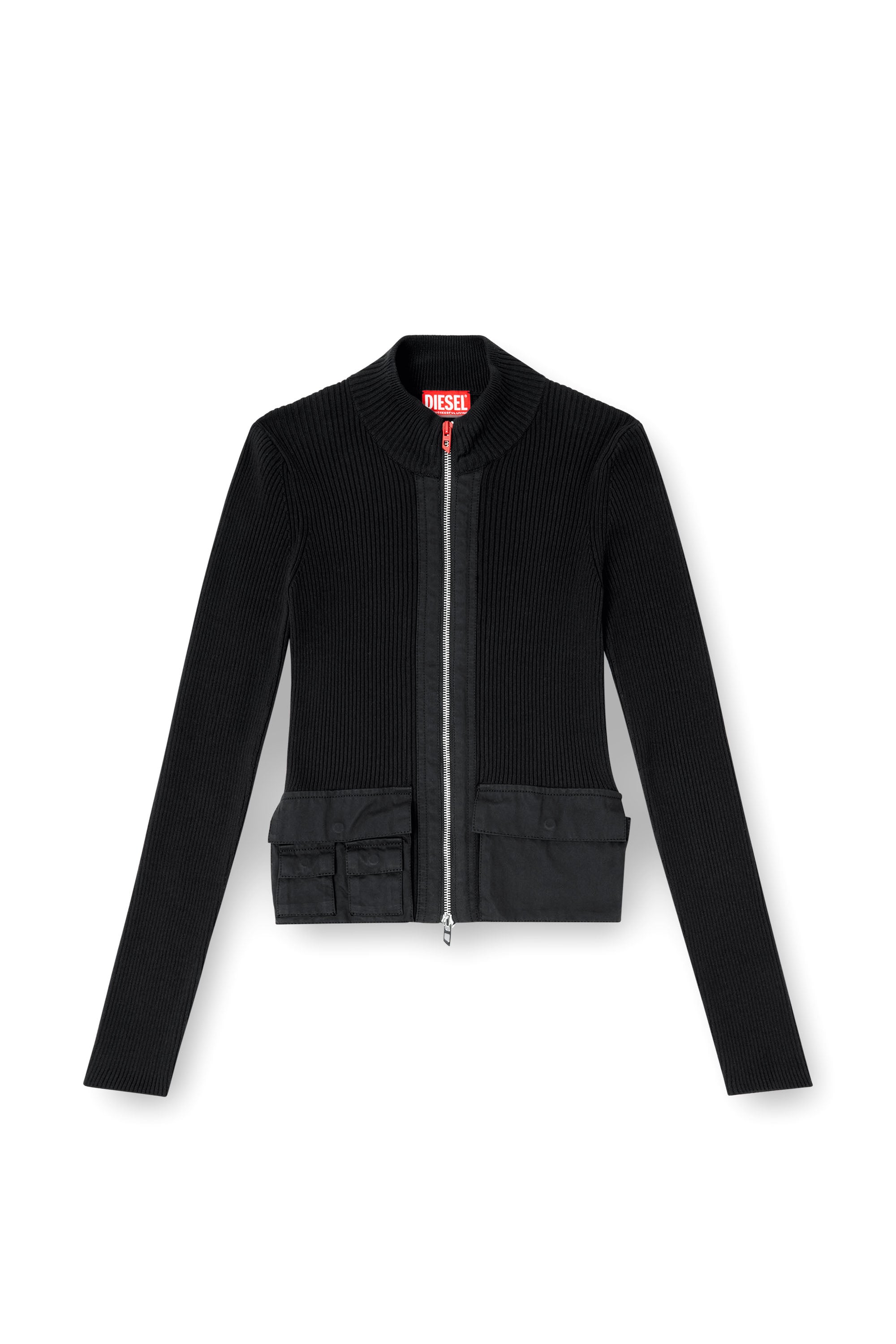 Diesel - M-MELISSA, Woman's Ribbed cardigan with cargo pockets in Black - 3
