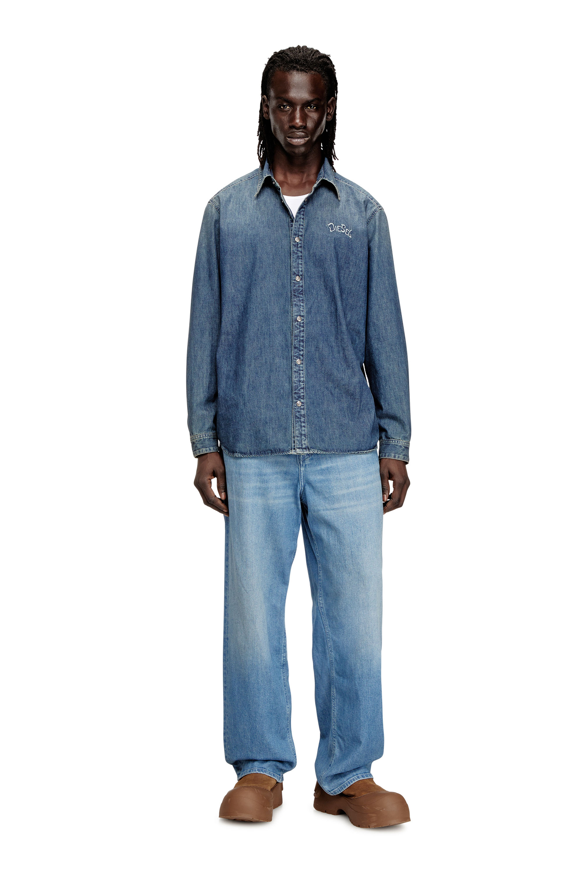 Diesel - D-SIMPLY-S15, Man's Denim shirt with embroidered emblem in Blue - 2