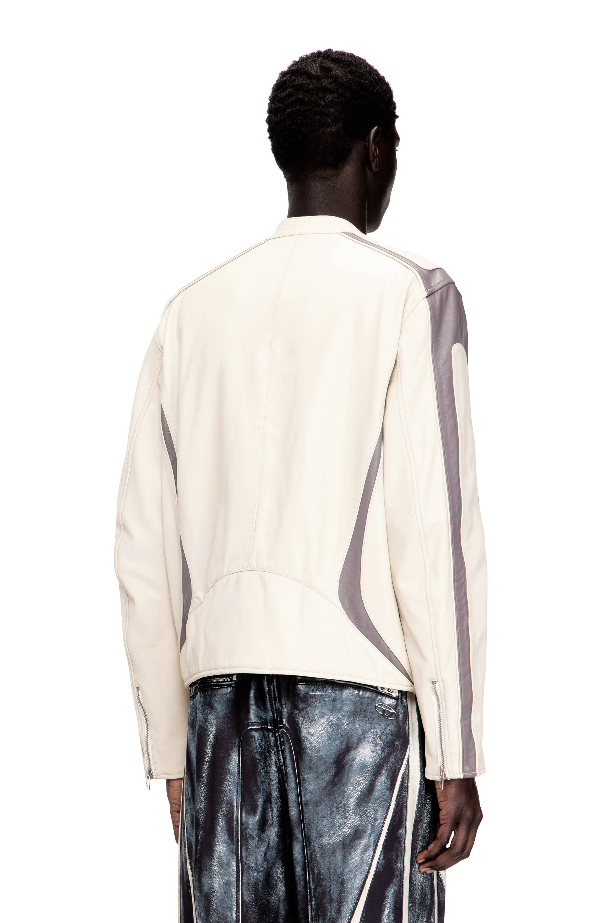 Diesel - L-ADAM, Man's Colour-block leather biker jacket in Beige/Grey - 4