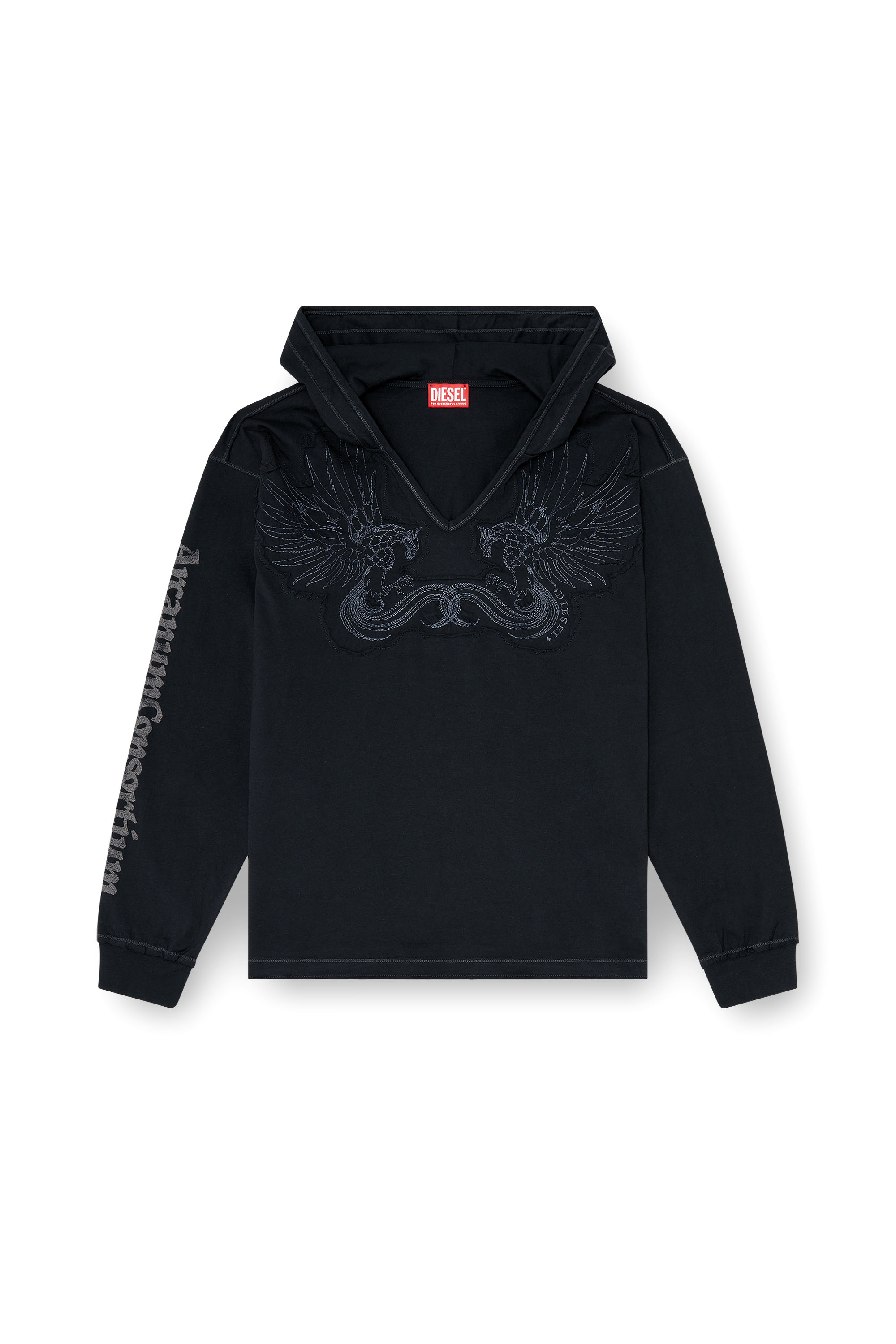 Diesel - T-PHEN-LS-HOOD-RIB, Man's Hoodie with V-neck and embroidered front in Black - 2
