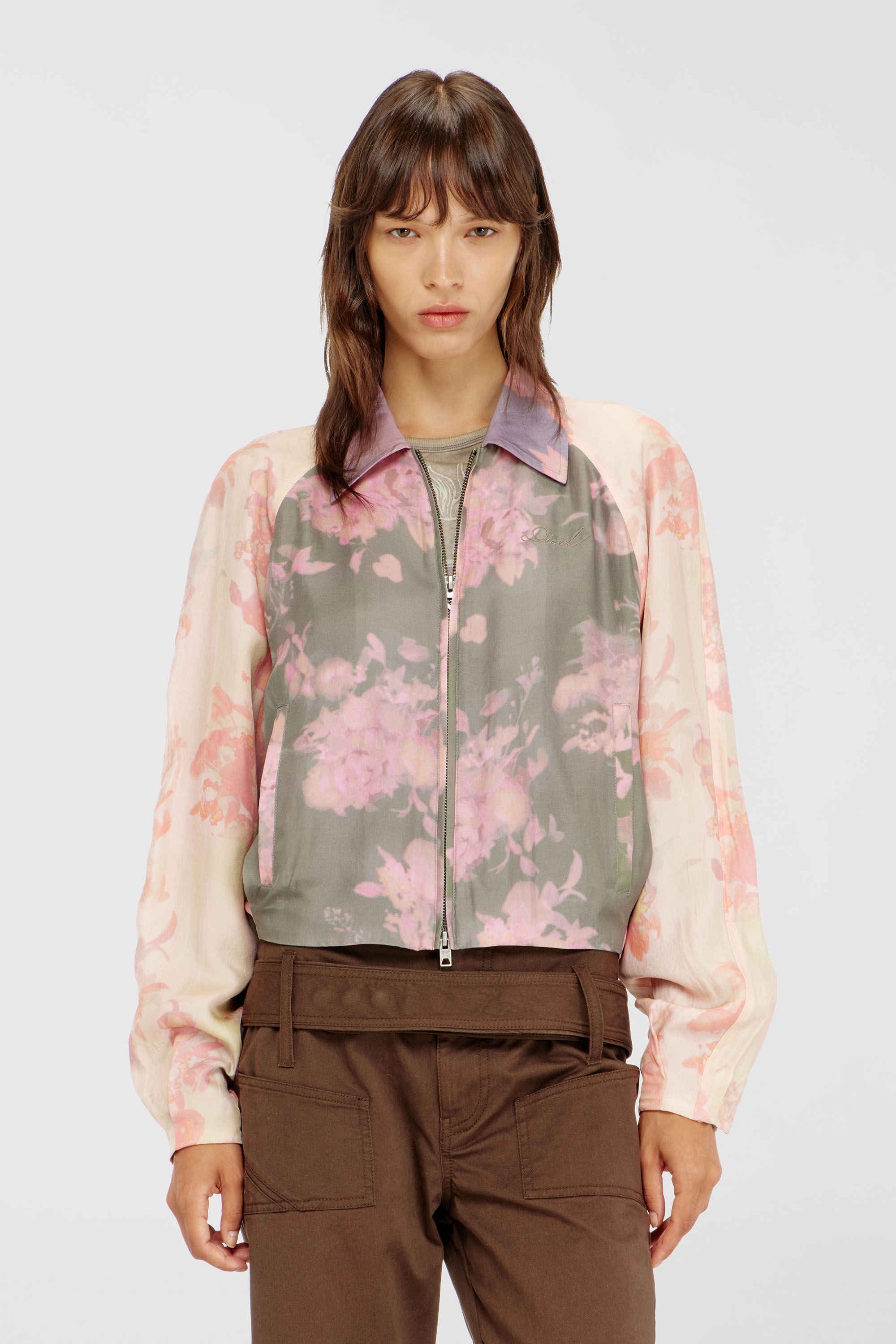 Diesel - G-ALENA, Woman's Floral bomber jacket in crinkled acetate in Green/Pink - 1