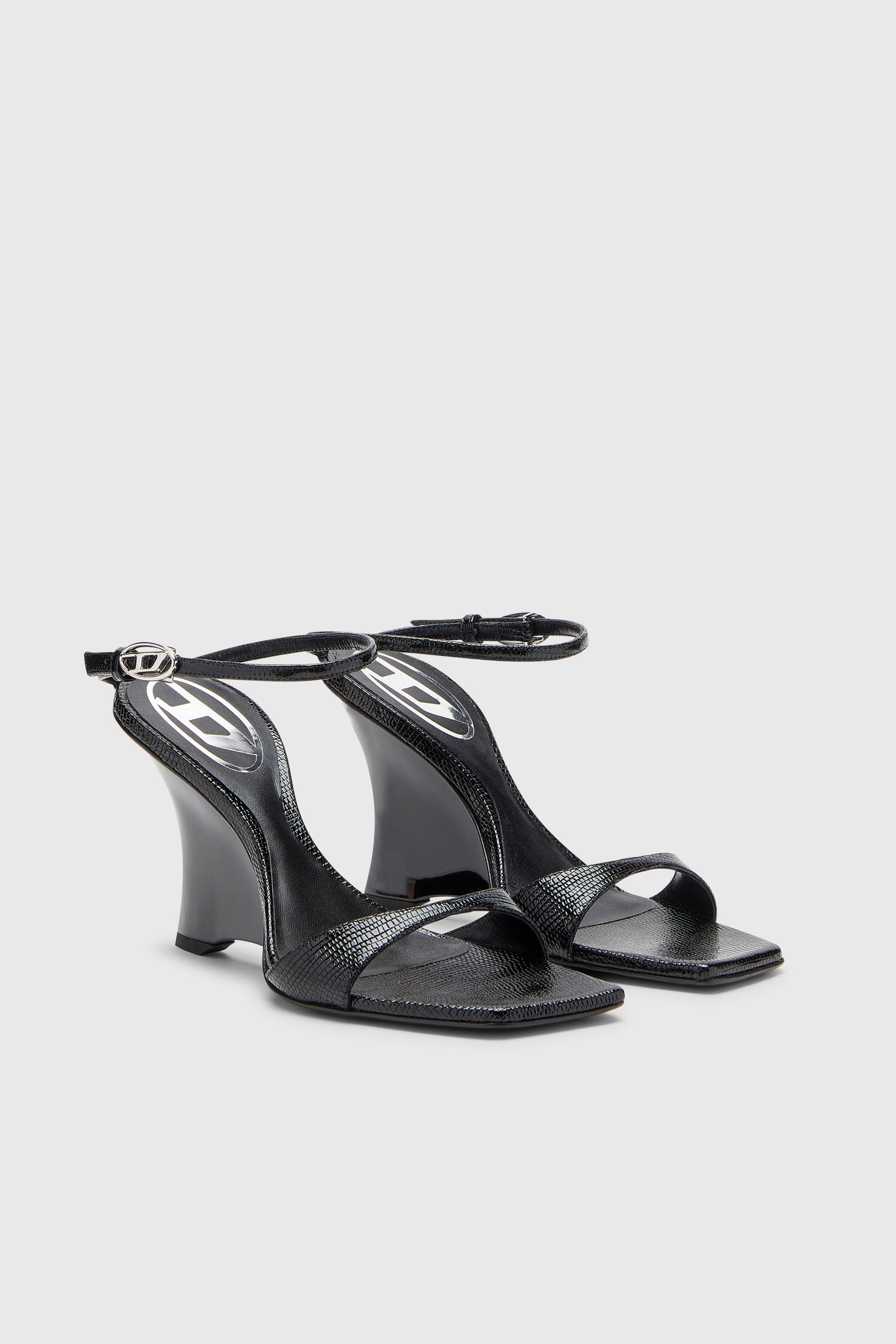 Diesel - D-AMBER SANDAL WEDGE, Woman's D-Amber-Wedge sandals in lizard-effect leather in Black - 2
