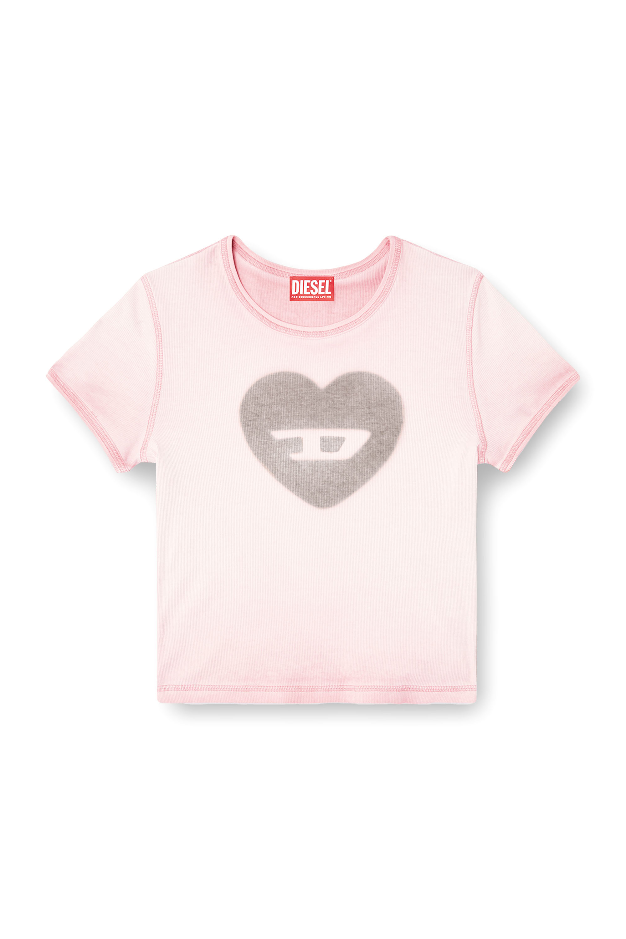 Diesel - T-ELE, Woman's Ribbed T-shirt with watercolour heart D in Face Powder - 2