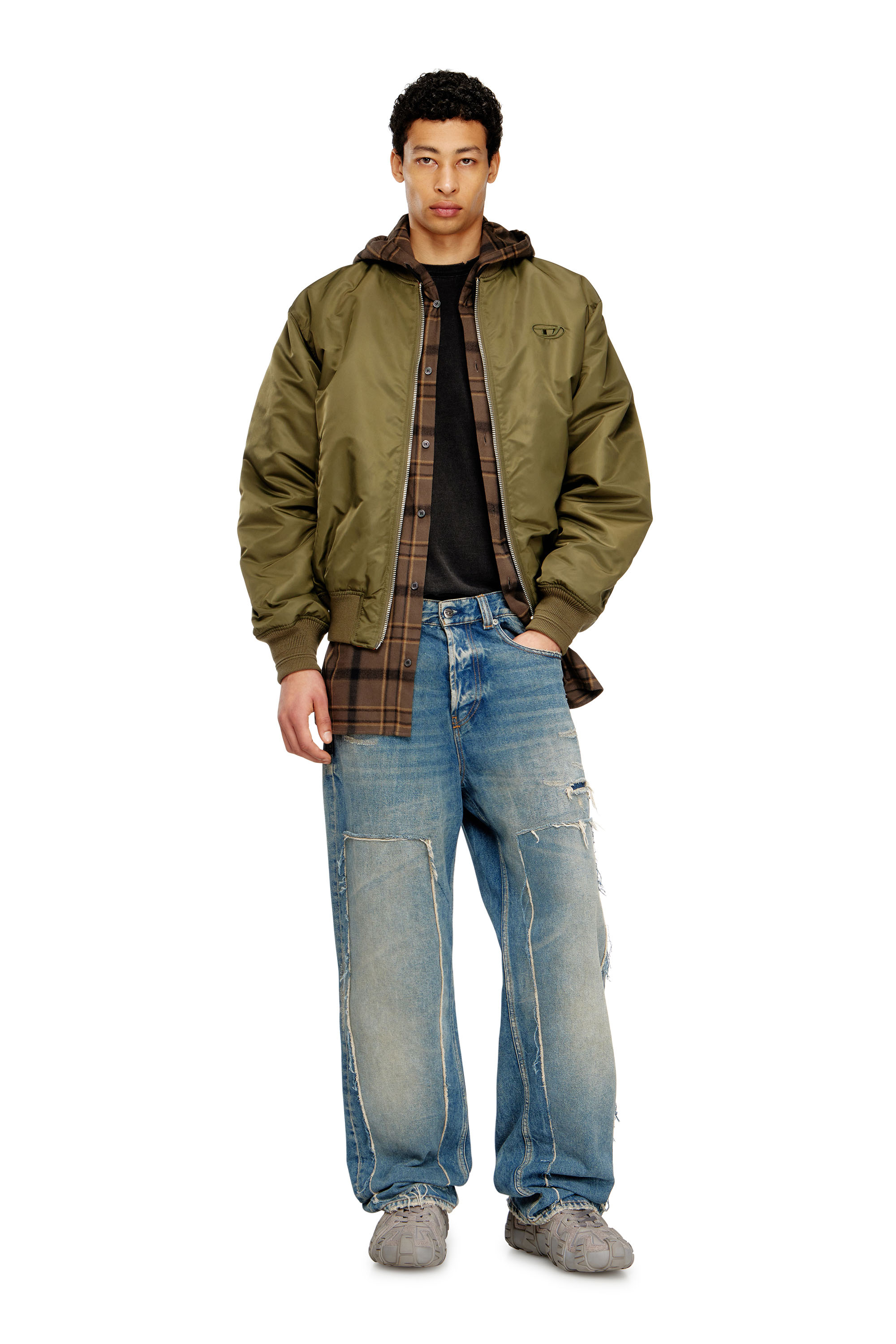 Diesel - W-TYPE-D1, Man's Padded bomber jacket with Oval D embroidery in Green/Orange - 2