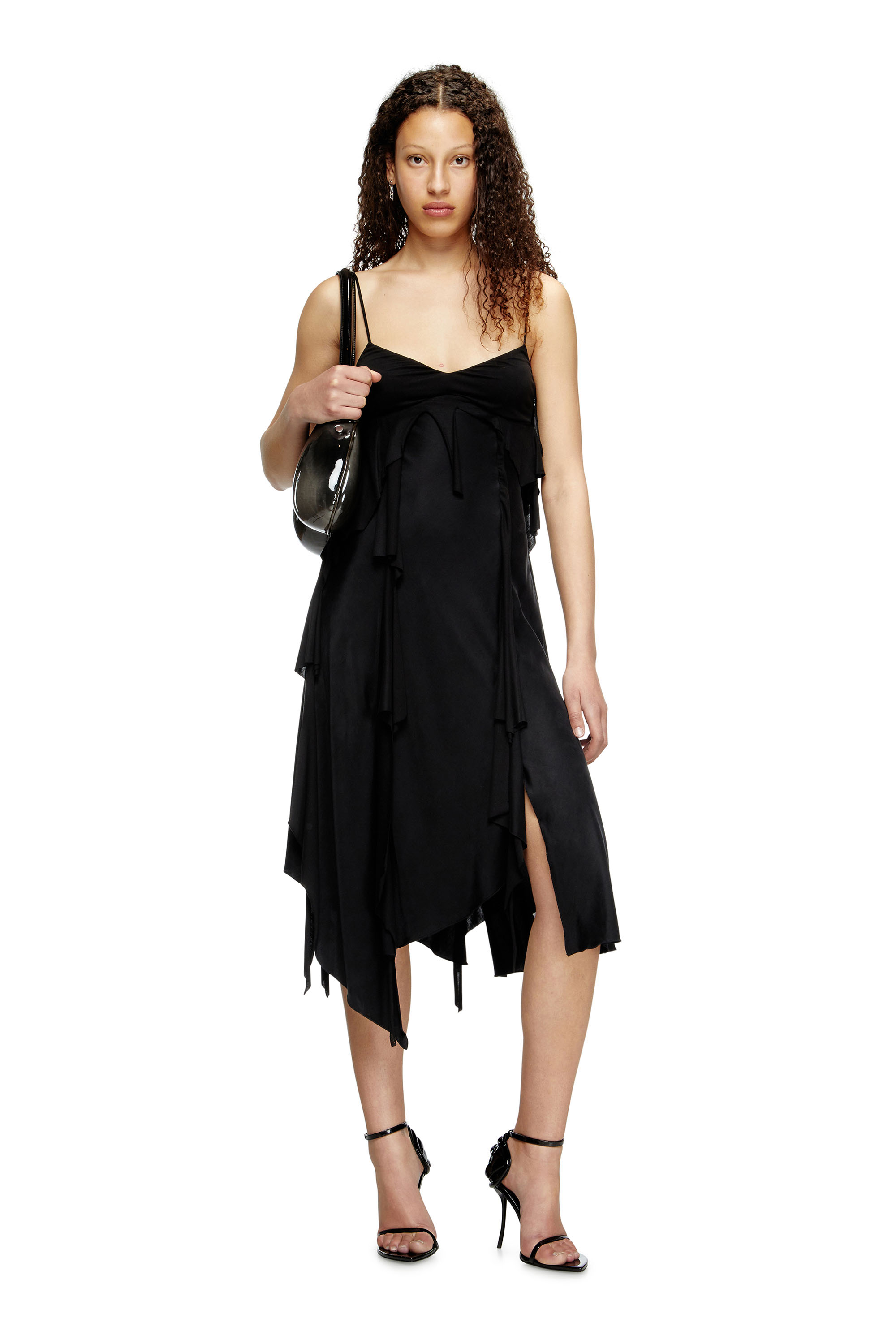 Diesel - D-ANCER, Woman's Satin dress with raw-cut flounces in Black - 1
