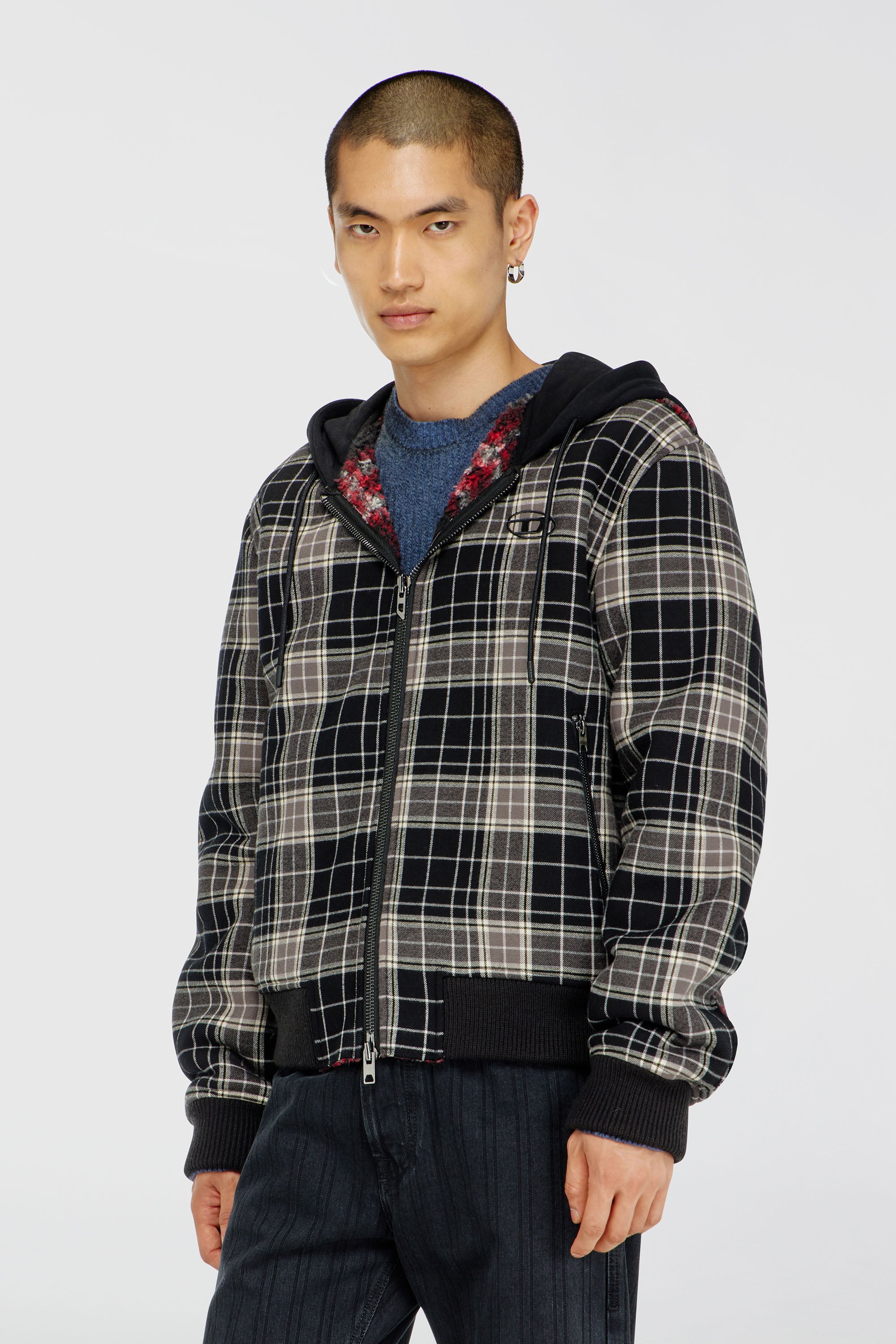 Diesel - W-KUNST, Man's Check-flannel bomber jacket with teddy interior in Grey/Black - 1