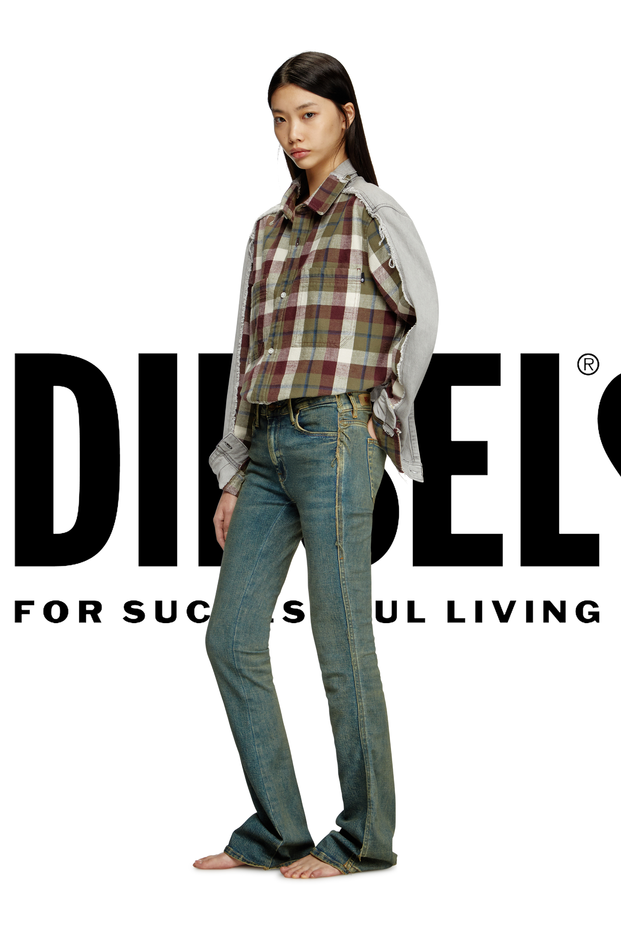 Diesel - Shirt Diseloves 8B, Unisex's Check and bleach-effect denim shirt in Red/Grey - 1