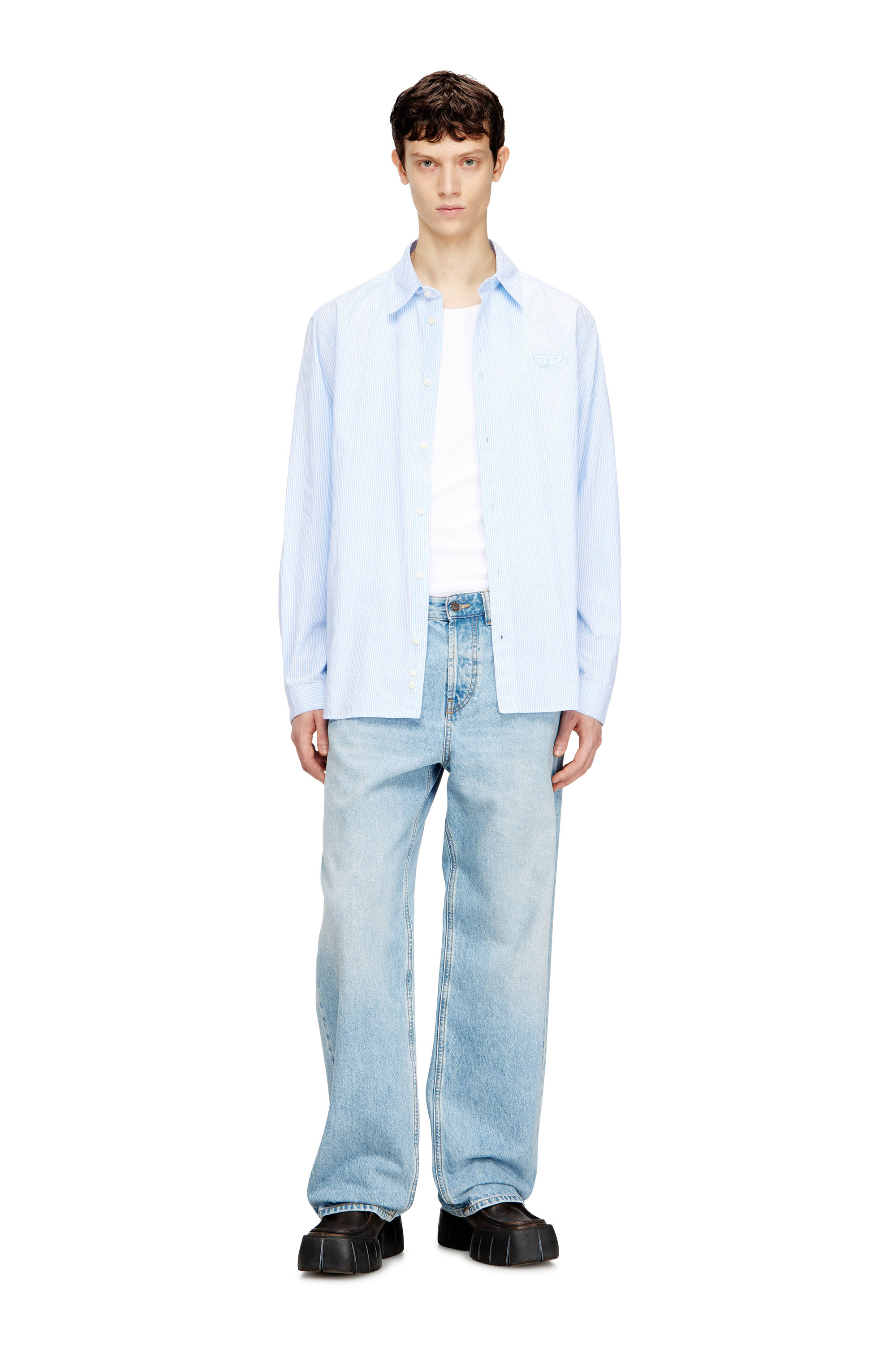 Diesel - S-SIMPLY-BKBZ, Man's Striped shirt in wrinkled cotton in Blue/White - 2