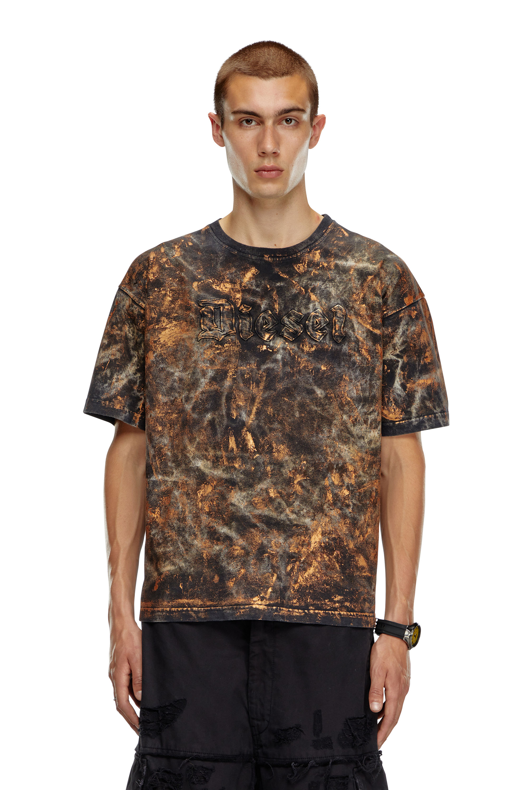 Diesel - T-BOXT-Q12, Man's Dirty-effect T-shirt with logo lettering in Brown - 2