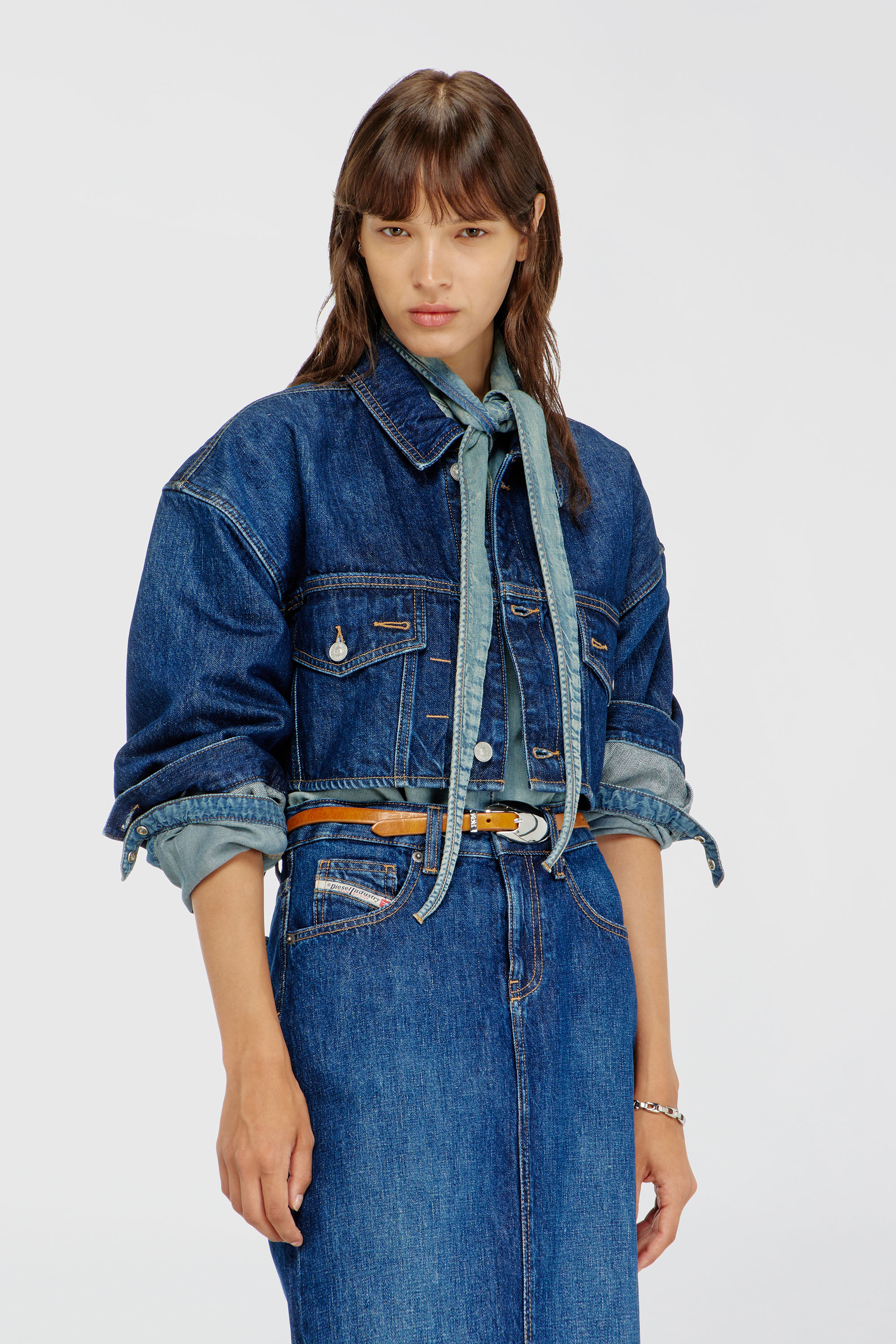 Diesel - DE-MALLEY, Woman's Cropped oversized denim trucker jacket in Medium blue - 1