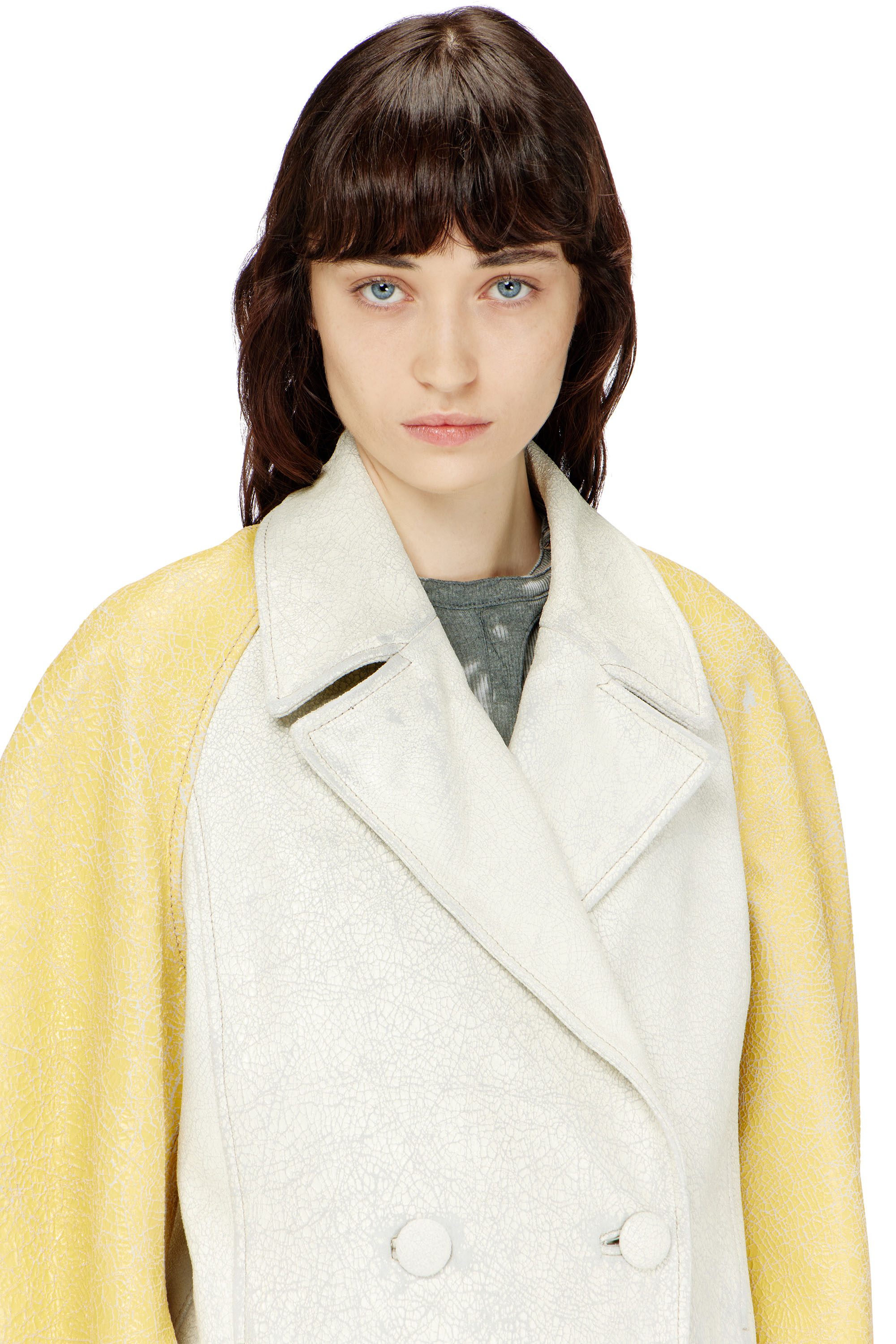 Diesel - L-UPIN, Woman's Cocoon-sleeve peacoat in cracked leather in White/Yellow - 5