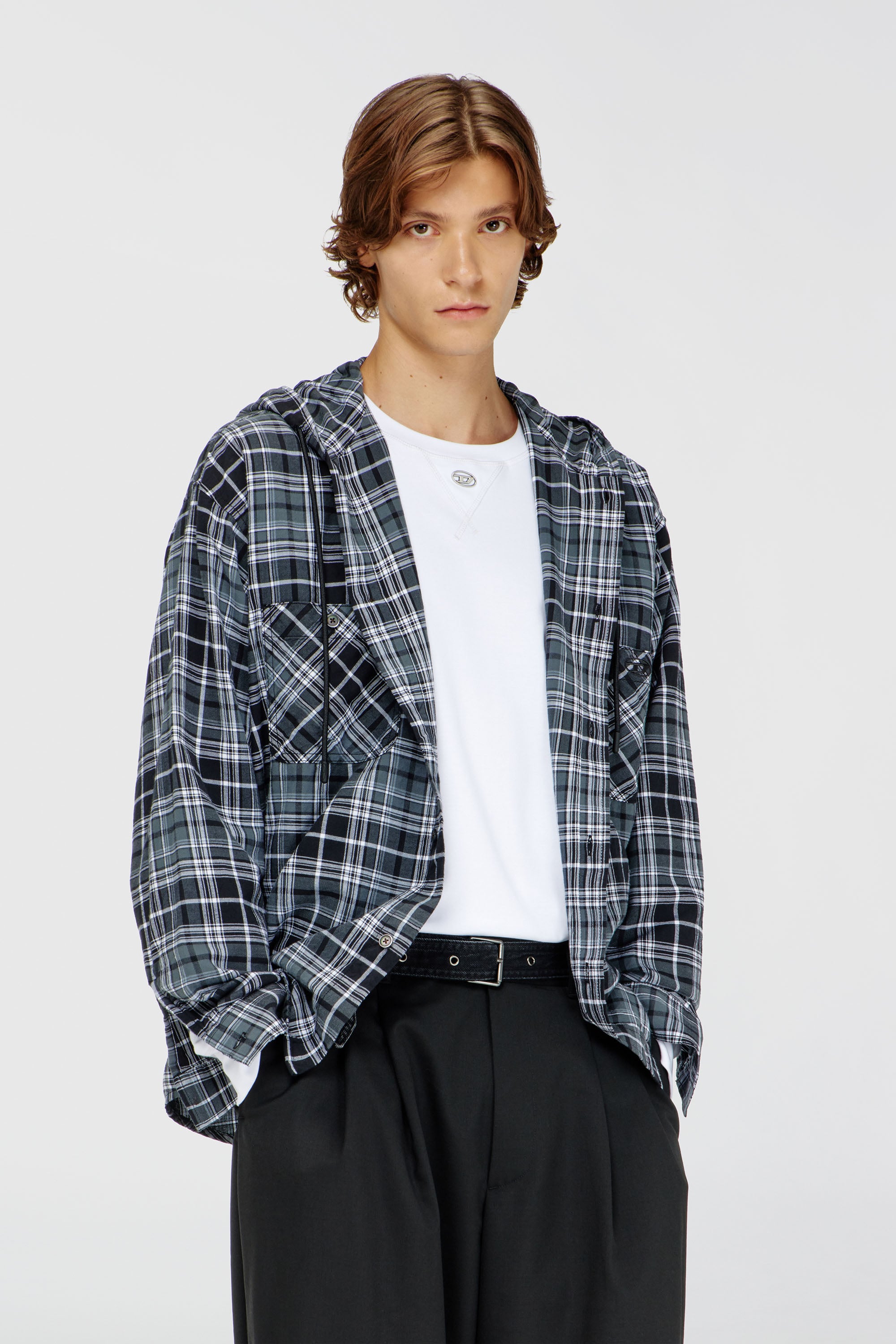 Diesel - S-DRUM-HOODY-DGBT, Man's Hooded shirt in check flannel in Black/White - 1