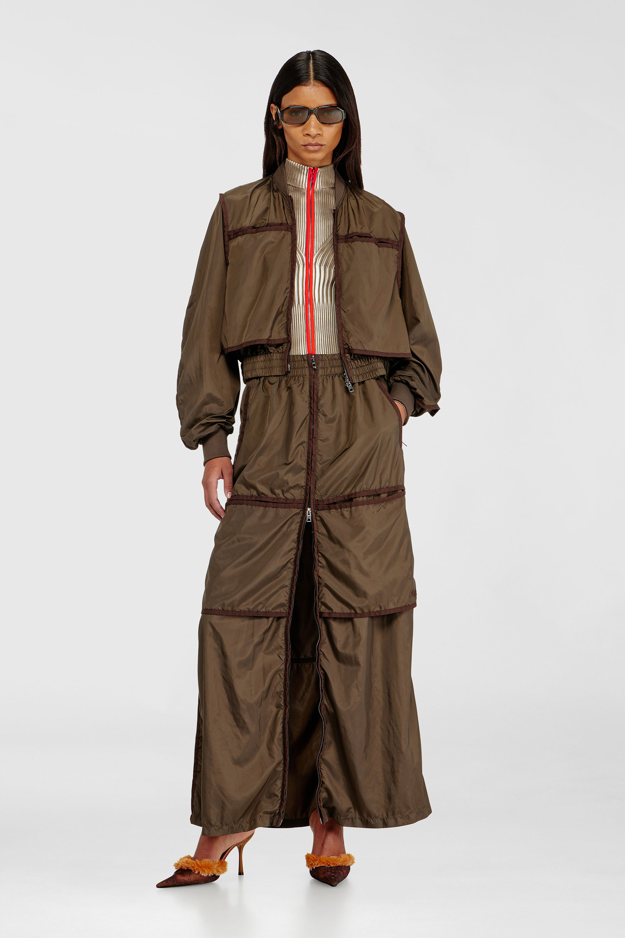 Diesel - O-HYTON, Woman's Windbreaker maxi skirt with front zip in Brown - 1